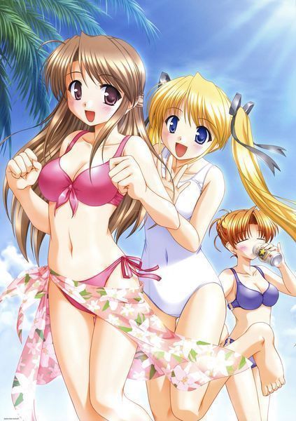 beach, blonde hair, blue eyes, blush, bra, breasts, brown hair, chasing, cleavage, hair ribbon, happy, lingerie, long hair, navel, palm tree, ribbon, summer, swimsuit, tree, underwear