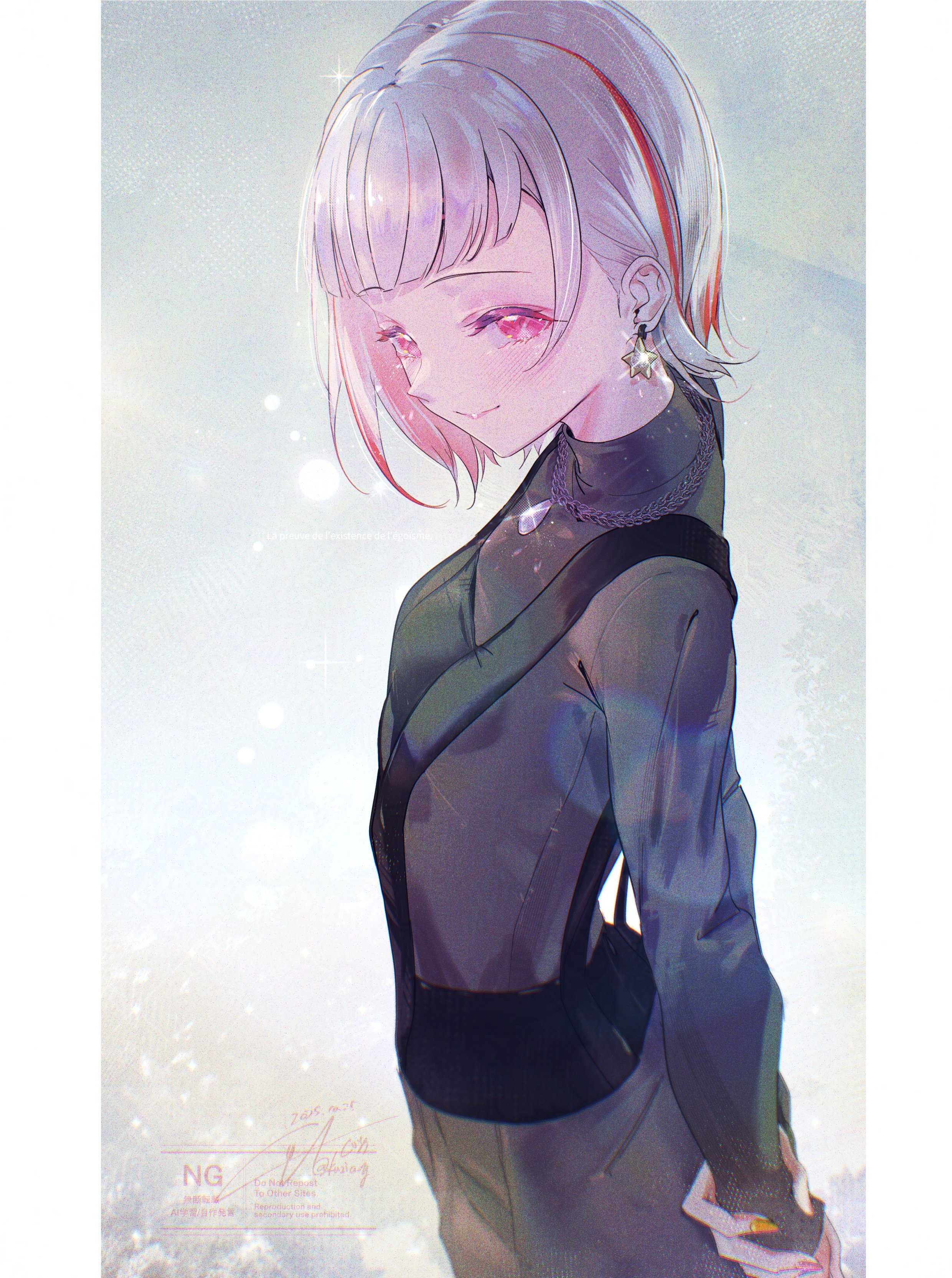 kuzia (atarayo), yugiri tsuzuri, yugiri tsuzuri (post-graduation), link! like! love live!, love live!, absurdres, commentary request, highres, 1girl, arms behind back, black shirt, closed mouth, cowboy shot, earrings, from side, grey background, grey hair, grey pants, hair intakes, hand on own wrist, jewelry, looking at viewer, multicolored hair, pants, pink eyes, red hair, shirt, short hair, signature, simple background, smile, solo, star (symbol), star earrings, streaked hair, turtleneck, turtleneck shirt, twitter username, virtual youtuber, watermark