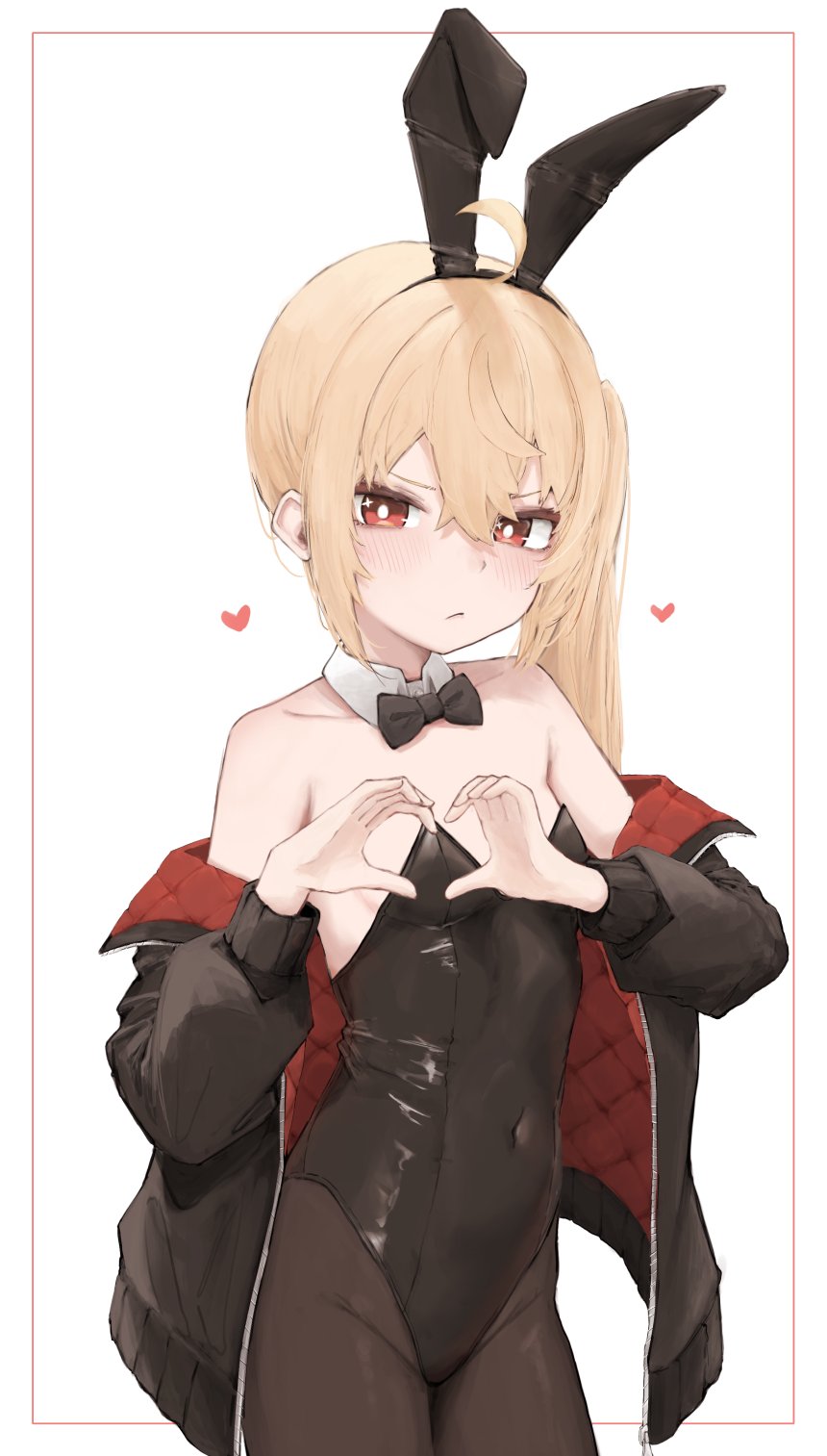 luciana de montefio, zenless zone zero, commentary, english commentary, highres, 1girl, ahoge, alternate costume, animal ear hairband, animal ears, bare shoulders, black jacket, black leotard, black pantyhose, blonde hair, breasts, closed mouth, covered navel, detached collar, fake animal ears, four-finger heart hands, hair between eyes, hairband, heart, heart hands, jacket, leotard, long hair, looking at viewer, nullkurage, off shoulder, pantyhose, playboy bunny, ponytail, rabbit ear hairband, rabbit ears, red eyes, side ponytail, small breasts, solo, sparkling eyes, standing, unzipped, white background