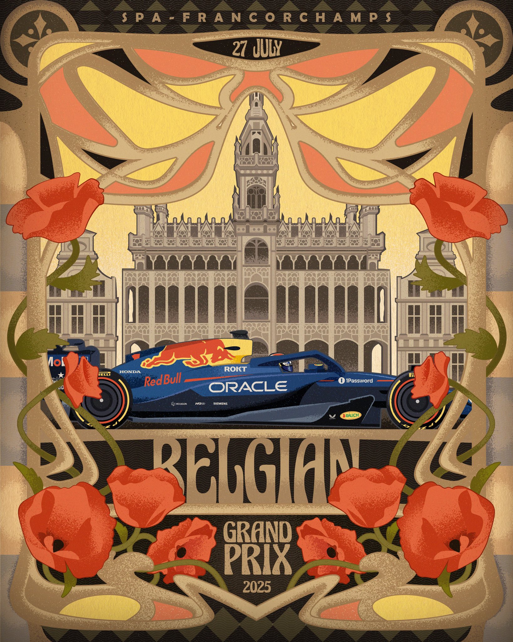 formula one, highres, vehicle request, art nouveau, belgium, car, chuangraphics, english text, european architecture, flower, motor vehicle, no humans, poster (medium), red flower