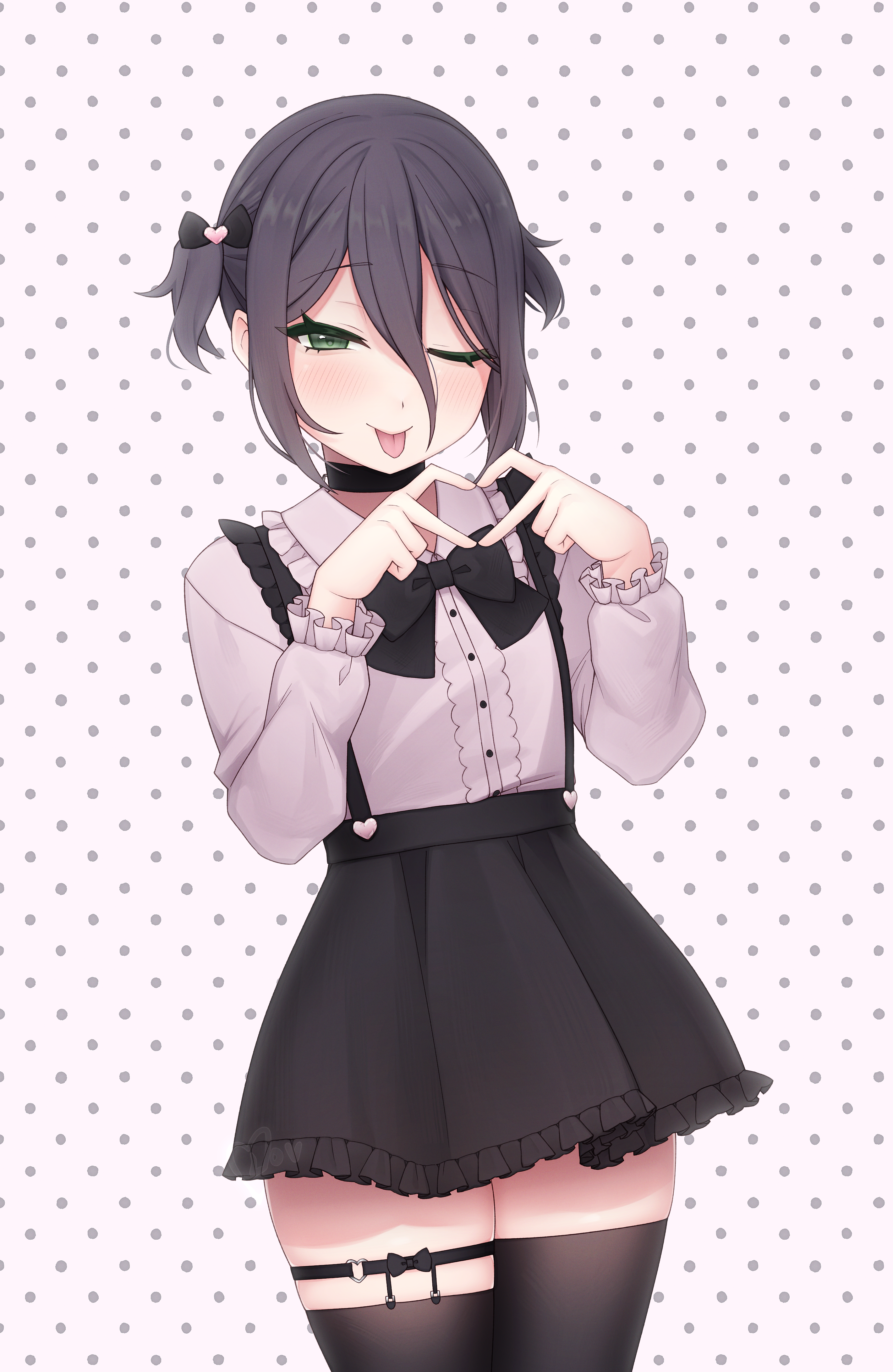 mika (lovdere), reze (chainsaw man), chainsaw man, absurdres, highres, 1girl, ;p, black choker, black hair, black skirt, black thighhighs, choker, grey shirt, hair between eyes, heart, heart hands, jirai kei, looking at viewer, miniskirt, one eye closed, polka dot, polka dot background, shirt, skirt, solo, suspender skirt, suspenders, thighhighs, tongue, tongue out, twintails