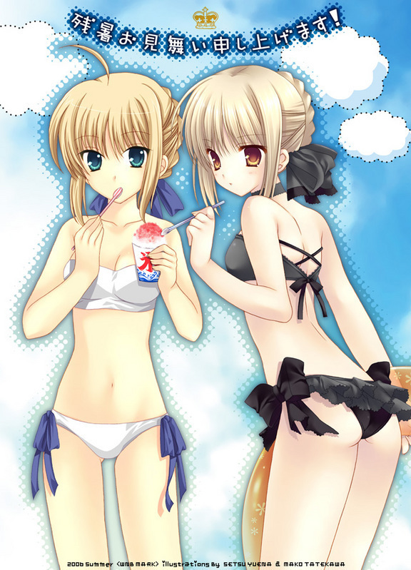 artoria pendragon (fate), saber (fate), saber alter, fate/stay night, fate (series), 00s, 2girls, breasts, brown eyes, brown hair, choker, cleavage, food, green eyes, hair ribbon, multiple girls, navel, ribbon, shaved ice, short hair, summer, thighhighs