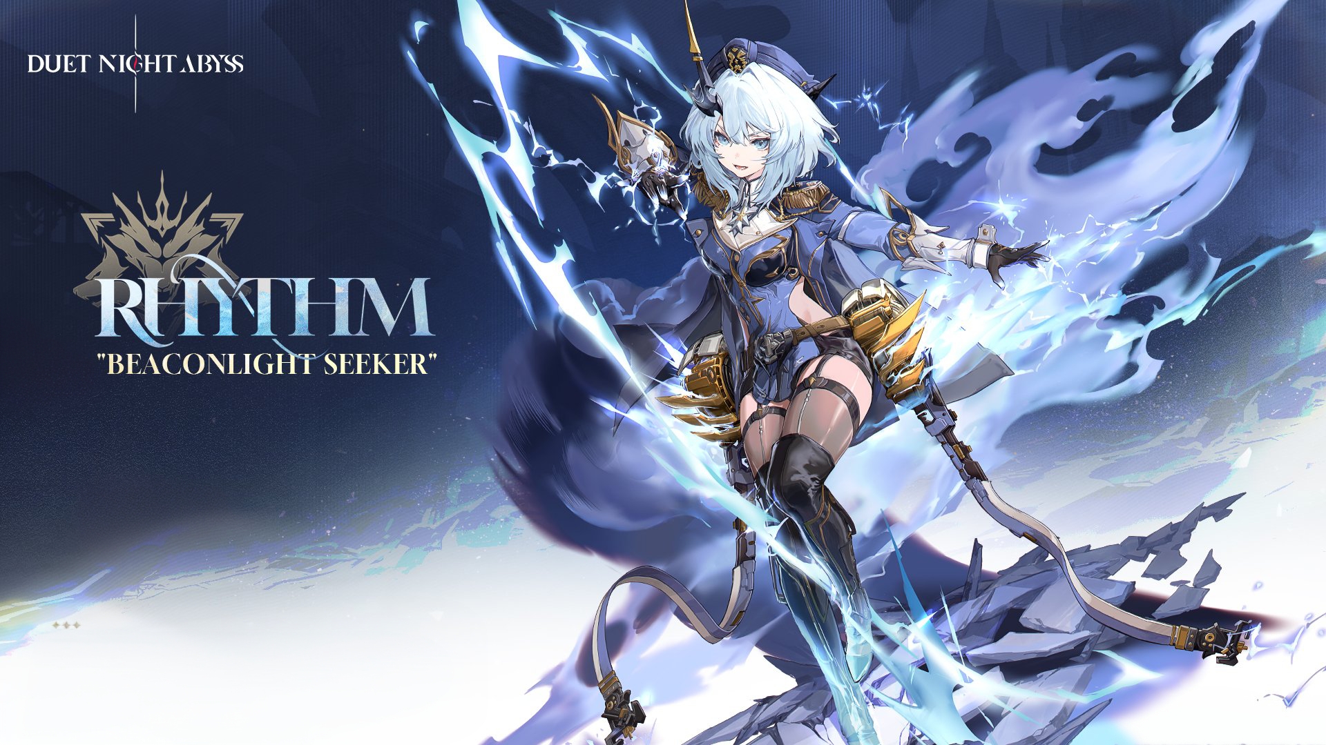 duet night abyss, 1girl, armor, full body, grey eyes, grey hair, medium hair, rhythm (duet night abyss), serious, skirt, sword, text background, weapon
