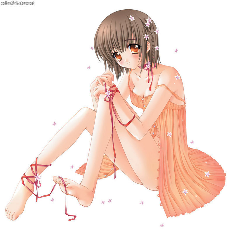 blush, breasts, brown hair, cleavage, feet, orange eyes, short hair, sitting, smile, thighhighs