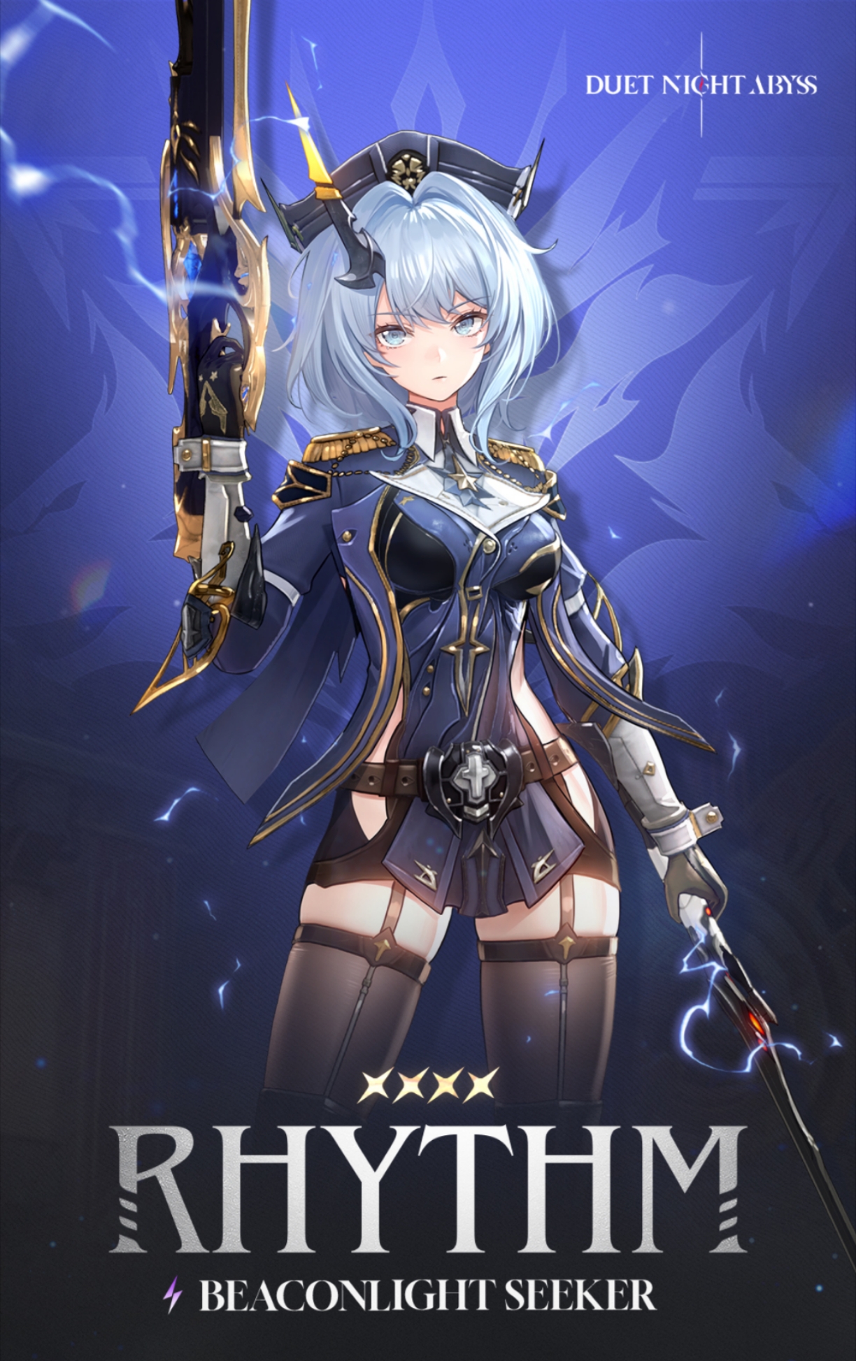 duet night abyss, 1girl, armor, grey eyes, grey hair, medium hair, rhythm (duet night abyss), serious, skirt, sword, text background, upper body, weapon