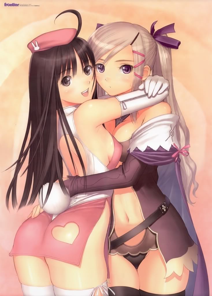 2girls, black hair, blonde hair, breasts, brown eyes, cleavage, hair ribbon, happy, hug, long hair, multiple girls, navel, purple eyes, ribbon, sideboob, thighhighs