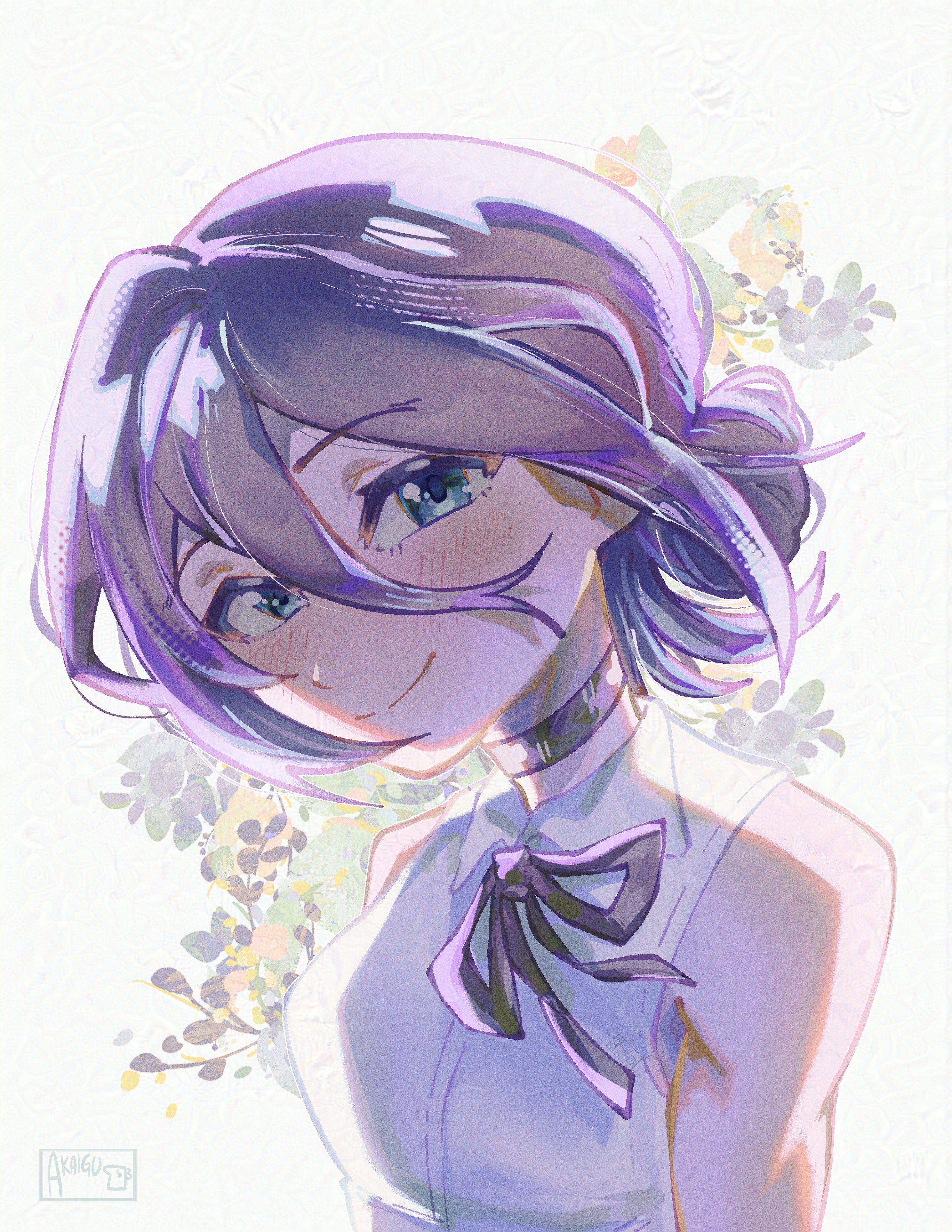 akaiguarts, reze (chainsaw man), chainsaw man, absurdres, highres, 1girl, black choker, choker, closed mouth, collared shirt, green eyes, hair between eyes, hair bun, light blush, neck ribbon, purple hair, purple ribbon, ribbon, shirt, sleeveless, sleeveless shirt, smile, solo, white shirt