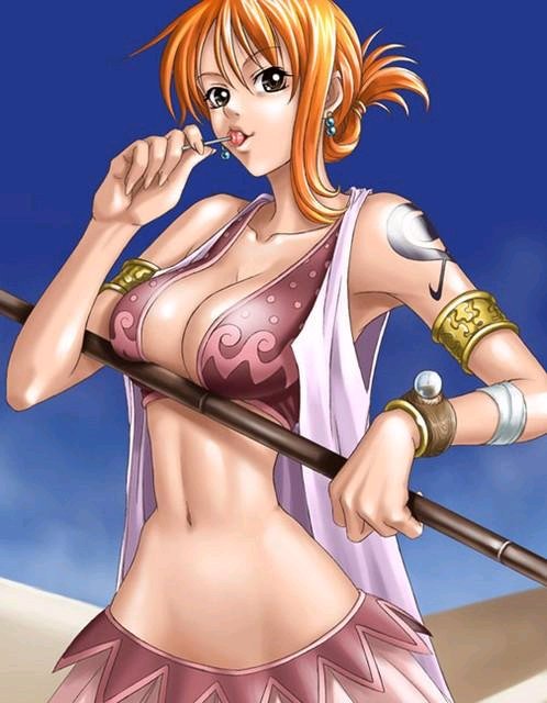 one piece, bad tag, nami, 1girl, alabasta, arabian clothes, armpits, bangle, bracelet, breasts, brown eyes, candy, cleavage, desert, earrings, food, jewelry, lollipop, midriff, navel, orange hair, outdoors, pole, sand, sexually suggestive, skirt, solo, tattoo