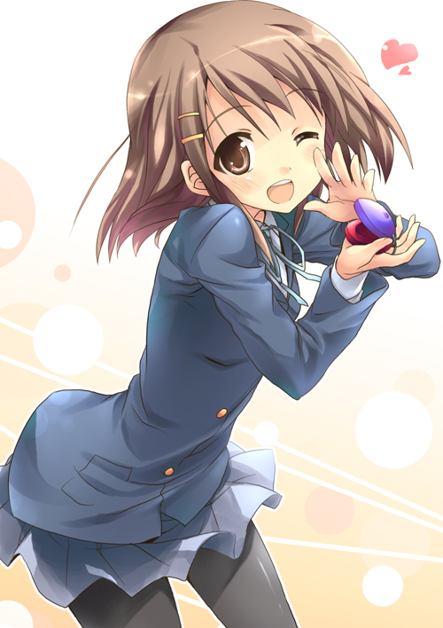 kusakami akira, hirasawa yui, k-on!, 00s, 1girl, blazer, brown eyes, brown hair, castanets, female focus, hair ornament, hairclip, heart, instrument, jacket, laughing, leaning forward, miniskirt, one eye closed, pantyhose, pleated skirt, ribbon, school uniform, short hair, skirt, smile, solo, standing, wink