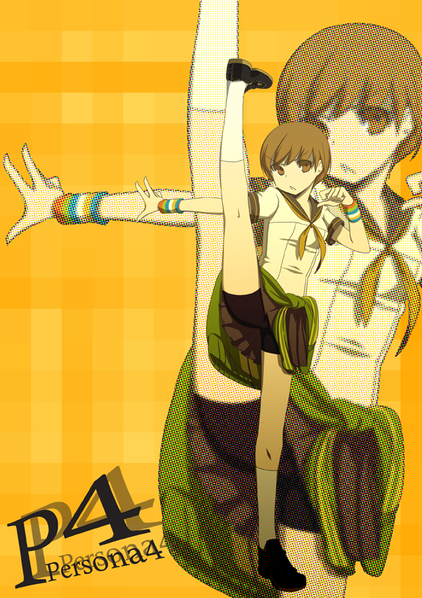 ssberit, satonaka chie, atlus, persona, persona 4, bad id, bad pixiv id, 1girl, bike shorts, clothes around waist, female focus, high kick, kicking, school uniform, short hair, solo, split, standing, standing on one leg, standing split, sweatband, sweater, sweater around waist, tomboy, upskirt, wristband, zoom layer