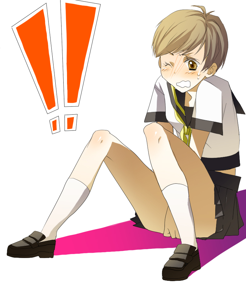 yui (artist), yui (marine-drive), satonaka chie, atlus, persona, persona 4, !, !!, 1girl, blush, brown eyes, brown hair, female focus, open mouth, school uniform, short hair, solo, sweatdrop, tomboy