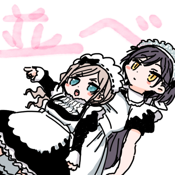 shinanoya (satanicad), ceras yanagida lilienfeld, katsuragi izumi, link! like! love live!, love live!, commentary, symbol-only commentary, 2girls, alternate costume, apron, black dress, black hair, blue eyes, blush stickers, cowboy shot, dress, edel note, enmaided, frilled apron, frills, grey hair, juliet sleeves, long hair, long sleeves, low ponytail, maid, multiple girls, open mouth, parted bangs, pointing, ponytail, puffy short sleeves, puffy sleeves, short dress, short sleeves, sidelocks, simple background, sleeves past wrists, slit pupils, v-shaped eyebrows, virtual youtuber, waist apron, wavy hair, white apron, white background, yellow eyes