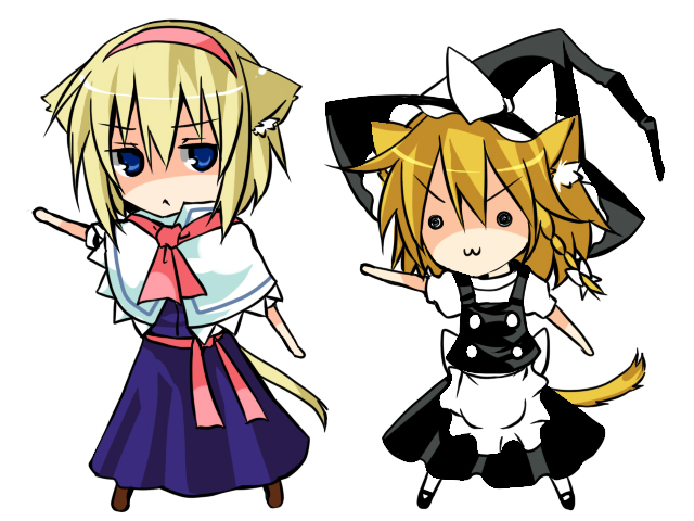 toraneko, alice margatroid, kirisame marisa, touhou, bad id, bad pixiv id, 2girls, :<, :3, animal ears, blonde hair, blue eyes, cat ears, cat girl, cat tail, chibi, female focus, kemonomimi mode, multiple girls, simple background, tail, white background