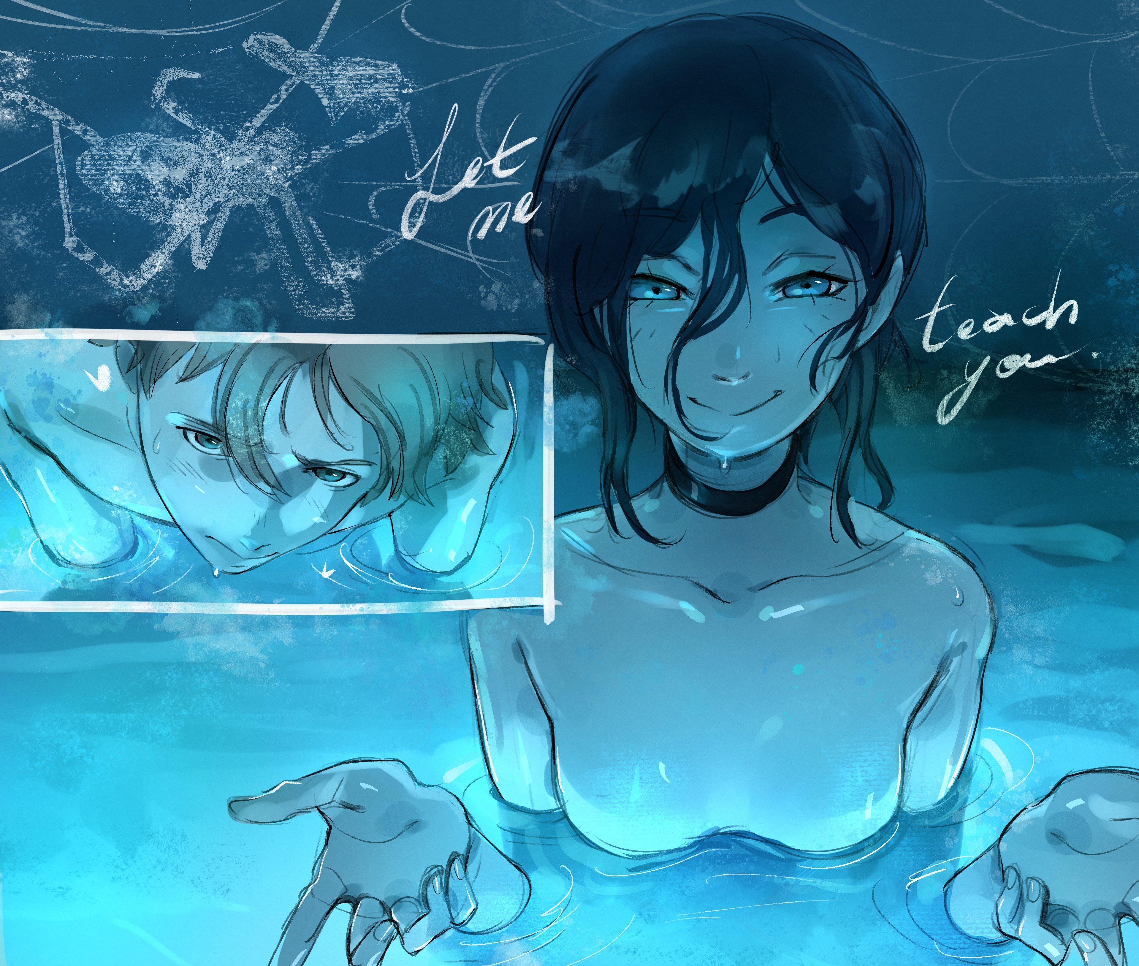 kirtome, denji (chainsaw man), reze (chainsaw man), chainsaw man, absurdres, commentary, english commentary, highres, 1boy, 1girl, black hair, blue eyes, blue theme, breasts, closed mouth, english text, grey hair, partially submerged, pool, small breasts, smile