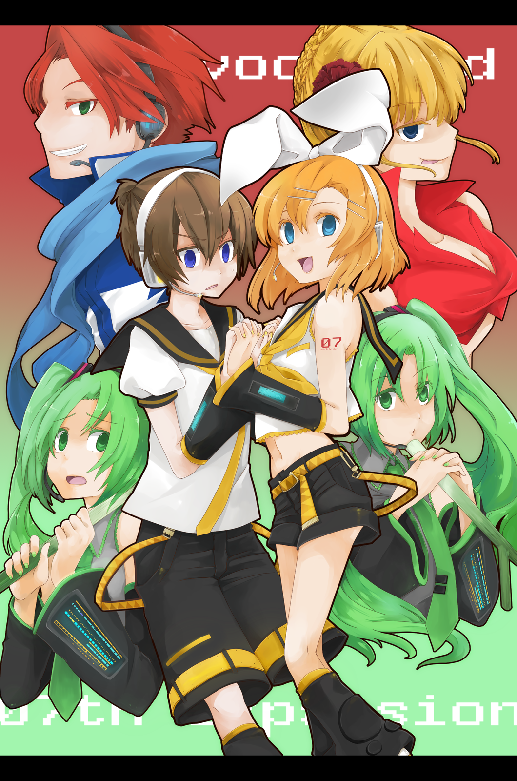 maroyan, beatrice (umineko), hatsune miku, kagamine len, kagamine rin, kaito (vocaloid), maebara keiichi, meiko (vocaloid), ryuuguu rena, sonozaki mion, sonozaki shion, ushiromiya battler, higurashi no naku koro ni, umineko no naku koro ni, vocaloid, bad id, bad pixiv id, highres, 2boys, 4girls, blonde hair, blue eyes, brown hair, colored eyelashes, cosplay, crossover, detached sleeves, green eyes, green hair, green necktie, hair ornament, hairclip, hatsune mike (cosplay), hatsune miku (cosplay), headphones, in-franchise crossover, kagamine len (cosplay), kagamine rin (cosplay), kaito (cosplay), long hair, meiko (cosplay), multiple boys, multiple girls, necktie, orange hair, parody, ribbon, short hair, siblings, sisters, spring onion, twins, twintails, yellow necktie