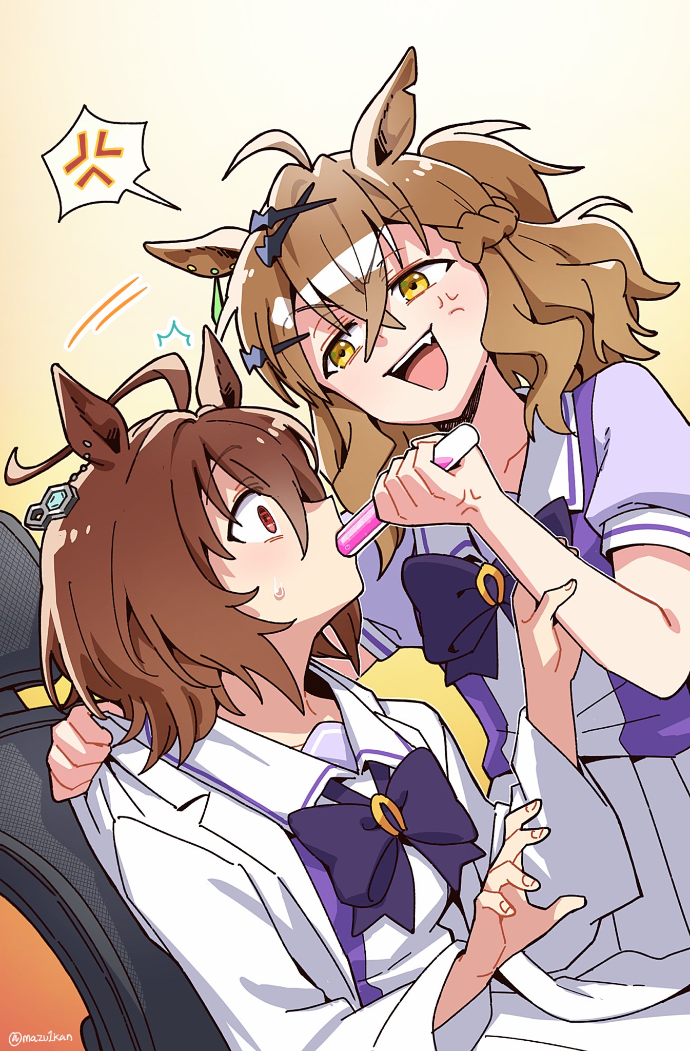 mazu1kan, agnes tachyon (umamusume), jungle pocket (umamusume), umamusume, highres, 2girls, :d, ahoge, anger vein, animal ears, bow, bowtie, brown background, brown hair, chair, chemical structure, coat, crossed bangs, dated commentary, earrings, fang, gradient background, hair between eyes, holding, holding test tube, horse ears, horse girl, huge ahoge, jewelry, lab coat, long sleeves, medium hair, multiple girls, notched ear, open mouth, orange background, pleated skirt, puffy short sleeves, puffy sleeves, purple bow, purple bowtie, purple shirt, red eyes, sailor collar, school uniform, shirt, short sleeves, single earring, sitting, skirt, smile, spoken anger vein, summer uniform, teeth, test tube, tracen school uniform, twitter username, upper teeth only, v-shaped eyebrows, white coat, white sailor collar, white skirt, yellow eyes