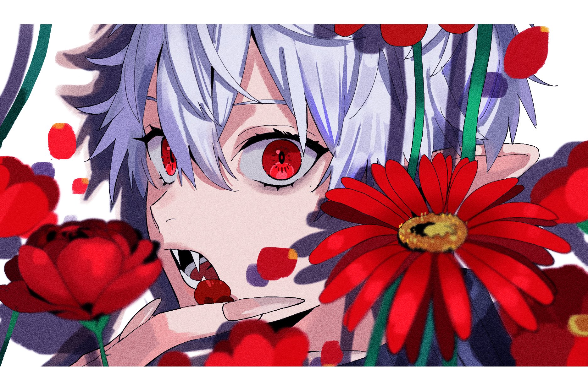mutu katano, kuzuha (nijisanji), nijisanji, commentary, highres, 1boy, close-up, eyebrows hidden by hair, fangs, fingernails, flower, hair between eyes, looking at viewer, mole, mole under eye, open mouth, petals, pointy ears, portrait, red eyes, red flower, sharp fingernails, short hair, solo, vampire, virtual youtuber, white hair