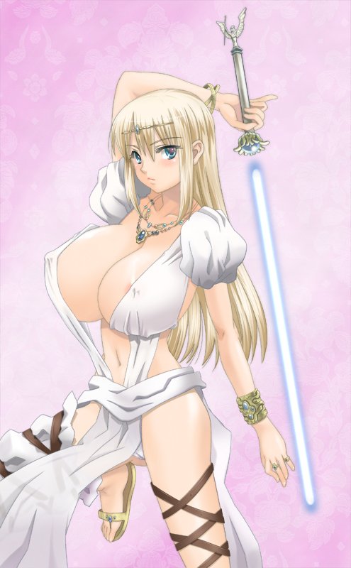 nekomimi kanon, sophitia alexandra, soul calibur, 1girl, blonde hair, blue eyes, bracelet, breasts, crown, energy sword, huge breasts, jewelry, lightsaber, long hair, lots of jewelry, necklace, sandals, sword, weapon