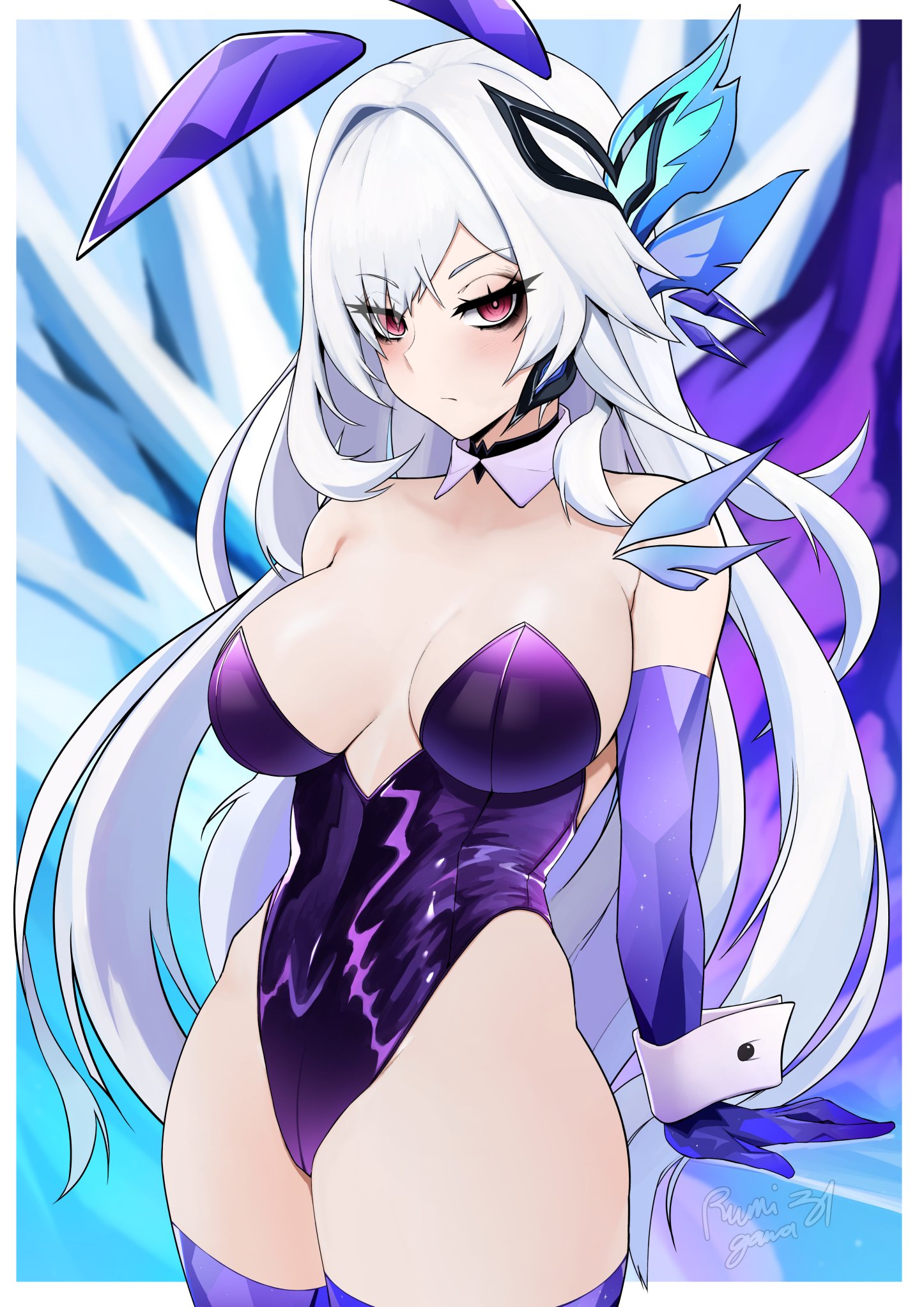 rumi (rumigawa31), skirk (genshin impact), genshin impact, highres, 1girl, black eyeshadow, breasts, collar, detached collar, elbow gloves, eyelashes, eyeshadow, gloves, hair ornament, leotard, long hair, makeup, pink eyes, playboy bunny, purple gloves, purple leotard, purple thighhighs, signature, solo, strapless, strapless leotard, thighhighs, white collar, white hair, white wrist cuffs, wrist cuffs