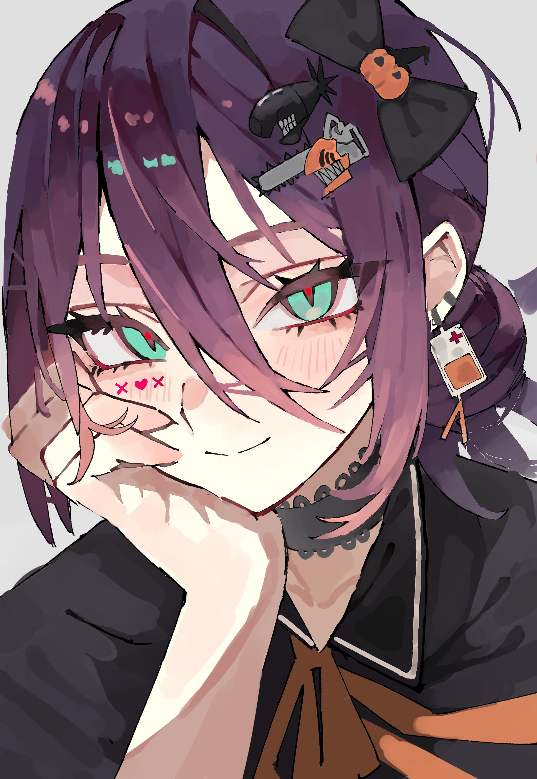 walk43049101art, bomb devil (chainsaw man), denji (chainsaw man), reze (chainsaw man), chainsaw man, absurdres, highres, 1girl, black bow, black choker, black shirt, bow, character hair ornament, choker, closed mouth, earrings, green eyes, hair between eyes, hair bow, hair bun, hair ornament, hand on own cheek, hand on own face, jewelry, looking at viewer, purple hair, shirt, slit pupils, smile, solo