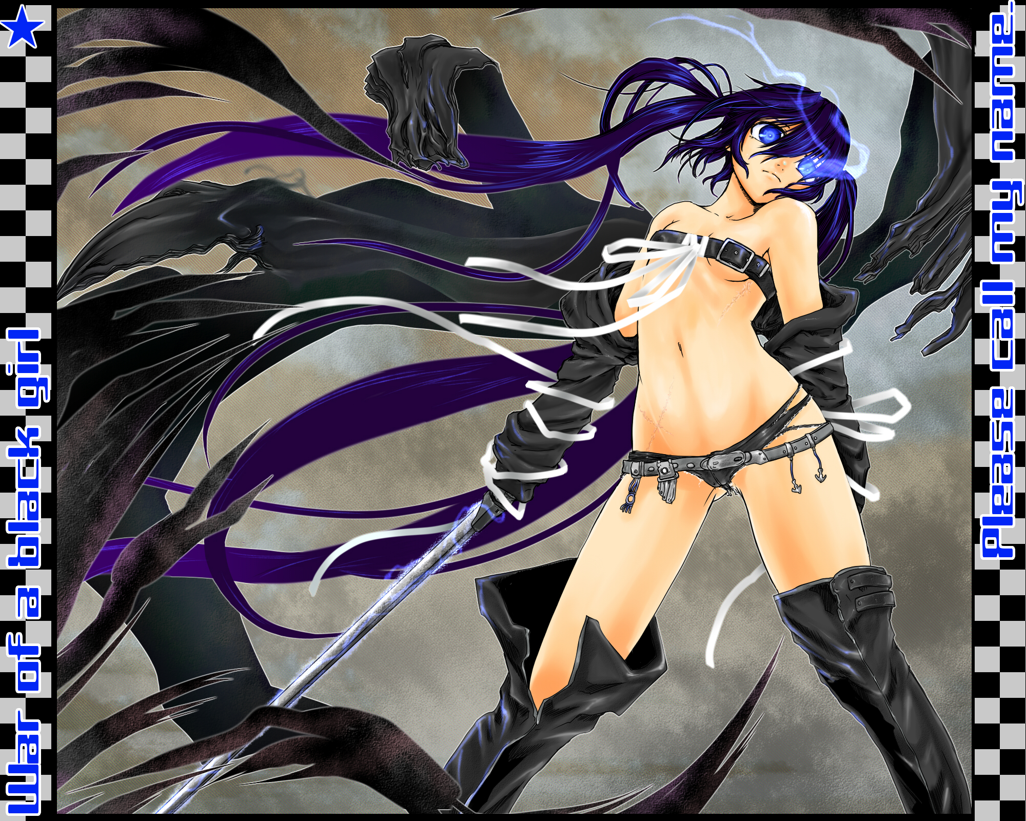 ledjoker07, black rock shooter (character), black rock shooter, highres, 10s, 1girl, alternate costume, belt, belt bra, belt skirt, blue eyes, blue hair, boots, breasts, female focus, long hair, matching hair/eyes, scar, skull, small breasts, solo, swimsuit, sword, thigh boots, thighhighs, weapon