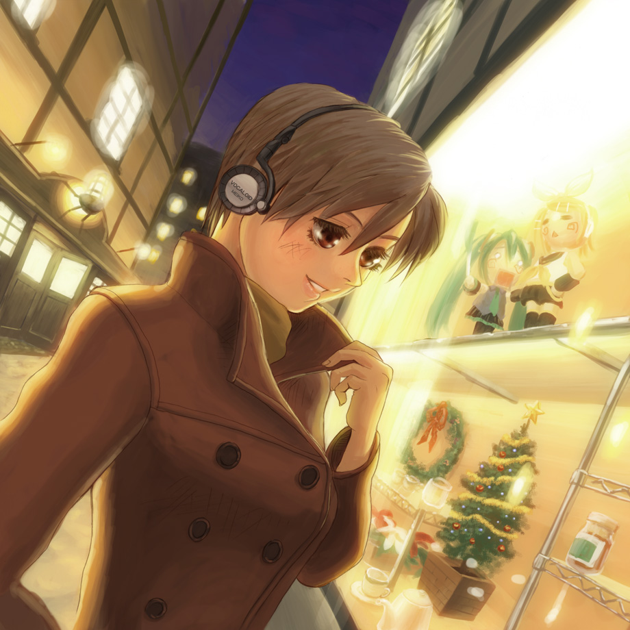 urushizawa takayuki, hachune miku, hatsune miku, kagamine rin, meiko (vocaloid), vocaloid, lights, brown eyes, brown hair, cameo, character doll, christmas, christmas tree, doll, headphones, road, short hair, smile, solo, spring onion, street, town, window, wreath