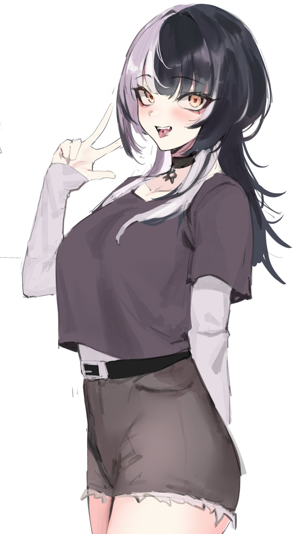 yotamono, shiori novella, hololive, hololive english, commentary, english commentary, highres, 1girl, alternate costume, belt, black belt, black choker, black hair, breasts, choker, grey hair, grey shorts, grey sleeves, large breasts, layered sleeves, long hair, long sleeves, multicolored hair, open mouth, purple shirt, shirt, short over long sleeves, short shorts, short sleeves, shorts, solo, split-color hair, two-tone hair, virtual youtuber, w, white background, yellow eyes