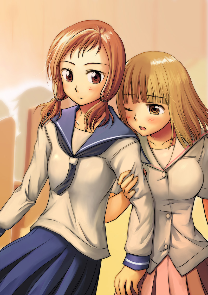 niina ryou, fukuji mihoko, takei hisa, saki (manga), bad id, bad pixiv id, 00s, 2girls, blonde hair, brown eyes, fujiki mihoko, multiple girls, one eye closed, school uniform, serafuku, wink