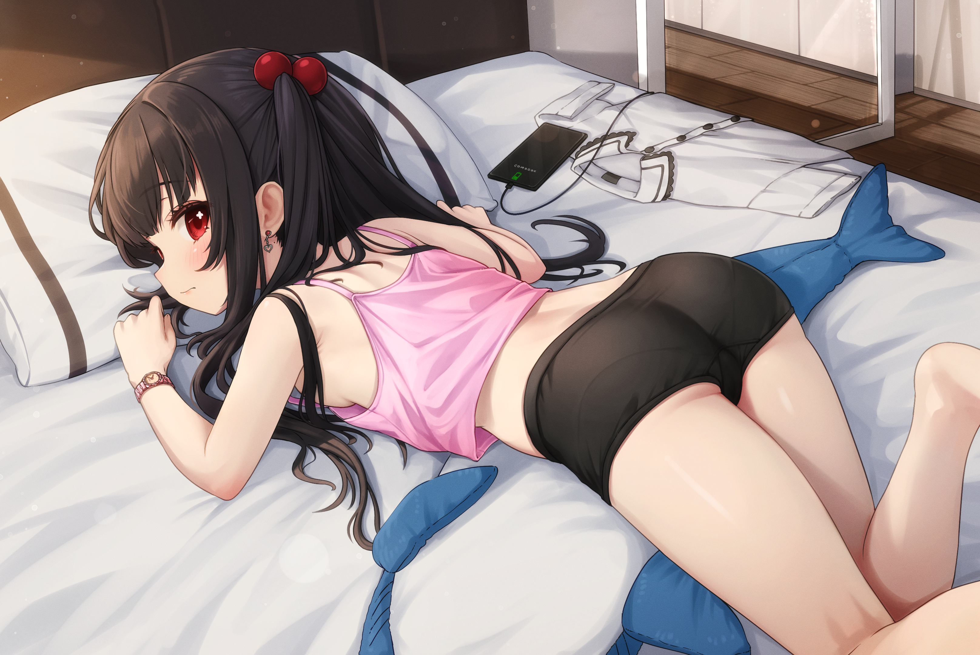 comodox, lulla (comodox), original, absurdres, commentary, english commentary, highres, paid reward available, 1girl, ass, black hair, black shorts, cellphone, hair bobbles, hair ornament, long hair, looking at viewer, lying, on stomach, phone, pillow, red eyes, shorts, solo