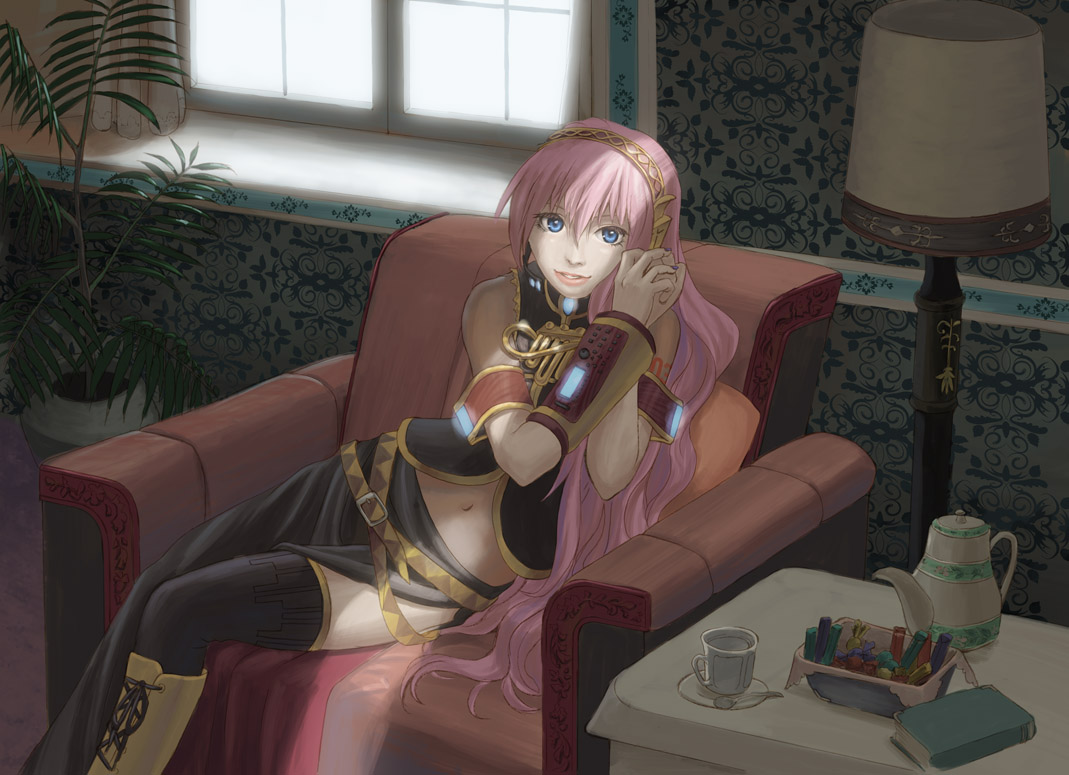 urushizawa takayuki, megurine luka, vocaloid, chair, cup, lamp, long hair, sitting, solo, teapot, very long hair, window