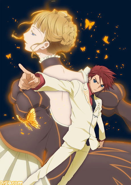 kikuchi youko, beatrice (umineko), ushiromiya battler, umineko no naku koro ni, official art, 00s, 1boy, 1girl, back, blonde hair, blue eyes, bug, butterfly, choker, dress, formal clothes, frills, insect, jacket, necktie, pointing, red hair, short hair, suit