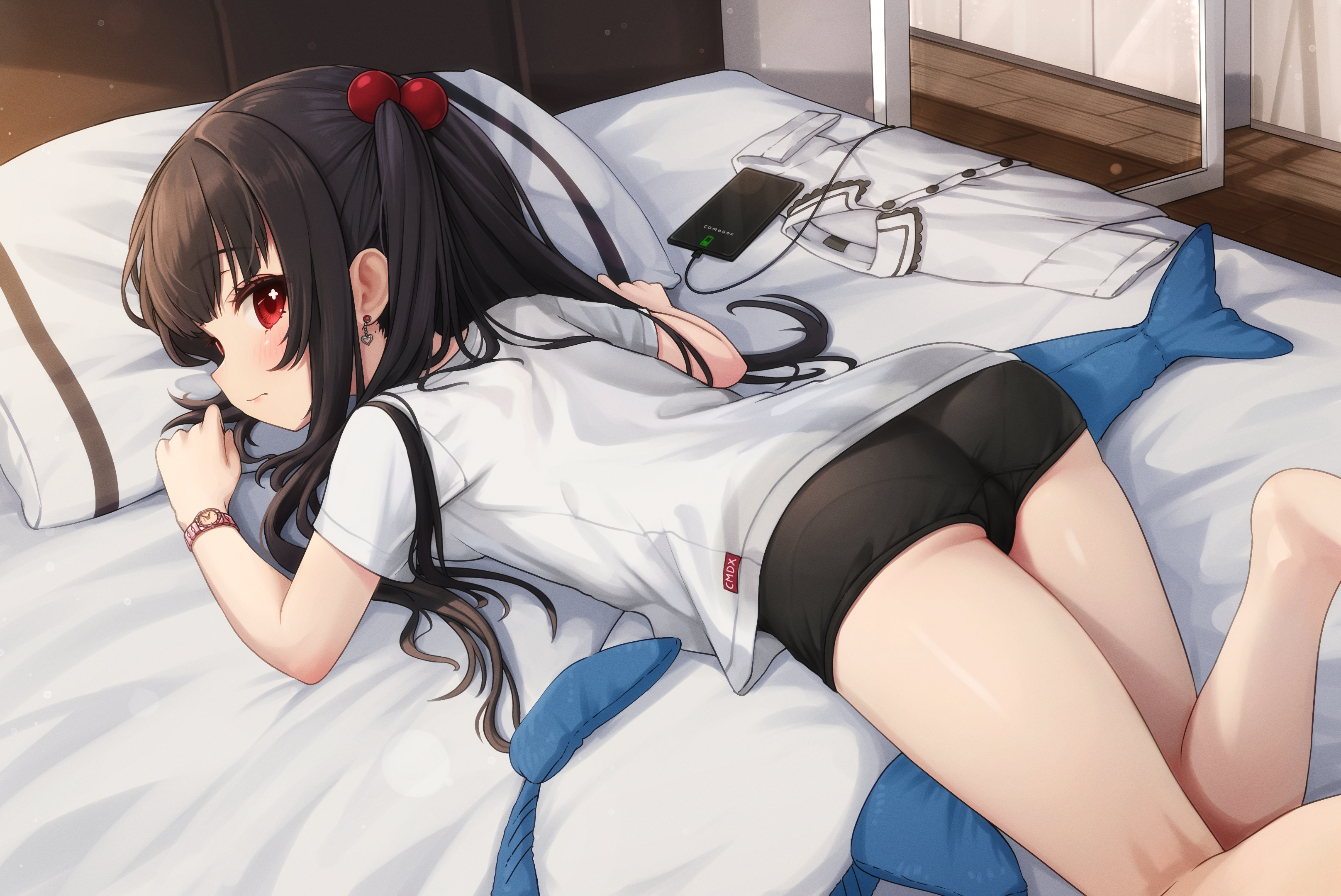comodox, lulla (comodox), original, absurdres, commentary, english commentary, highres, paid reward available, 1girl, ass, black hair, cellphone, hair bobbles, hair ornament, indoors, long hair, looking at viewer, lying, on stomach, phone, pillow, red eyes, shirt, short sleeves, solo, white shirt