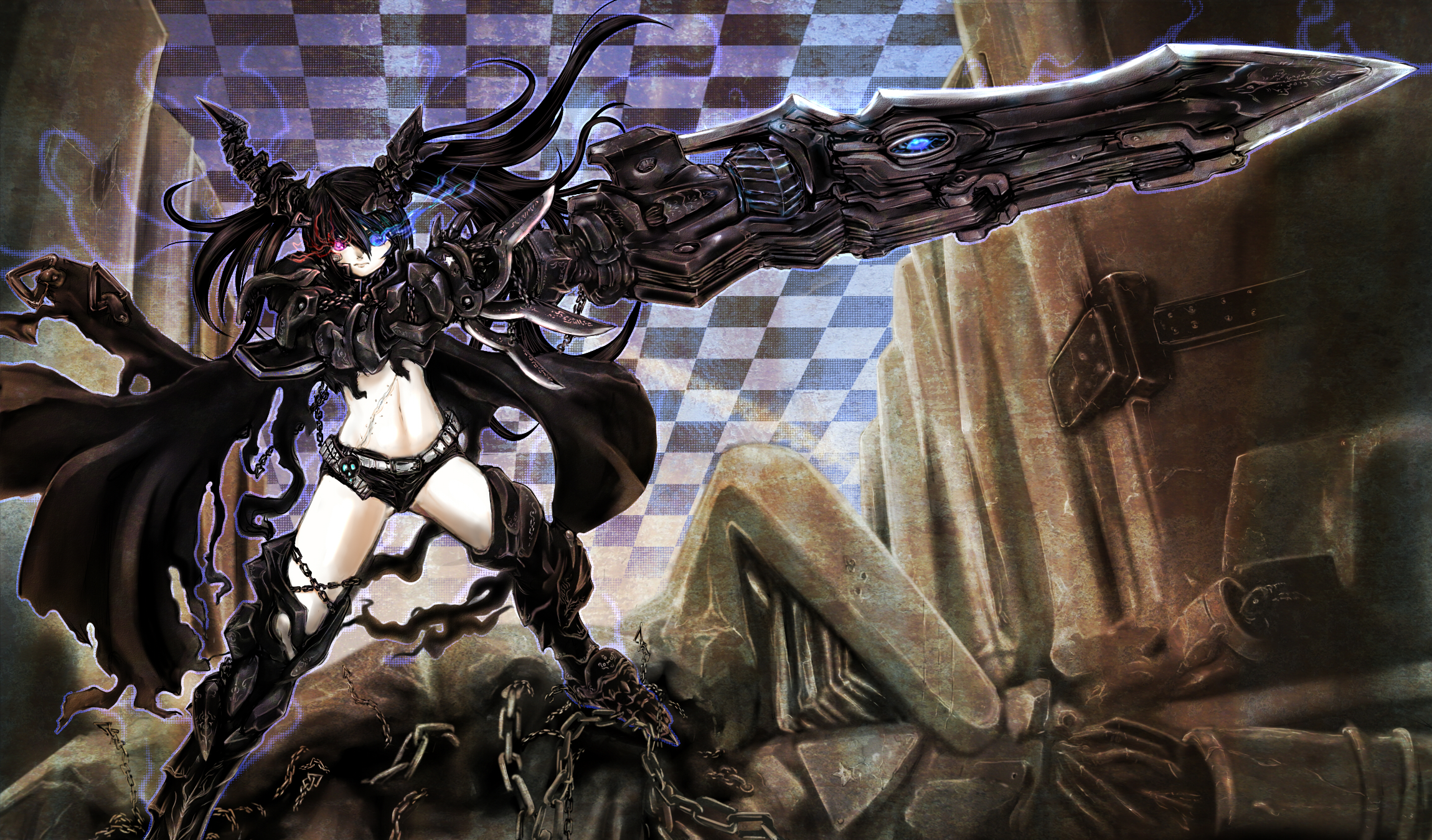 ledjoker07, insane black rock shooter, black rock shooter, highres, 10s, armor, belt, black hair, boots, chain, gauntlets, greaves, heterochromia, huge weapon, long hair, midriff, purple eyes, scar, shorts, solo, thigh boots, thighhighs, weapon