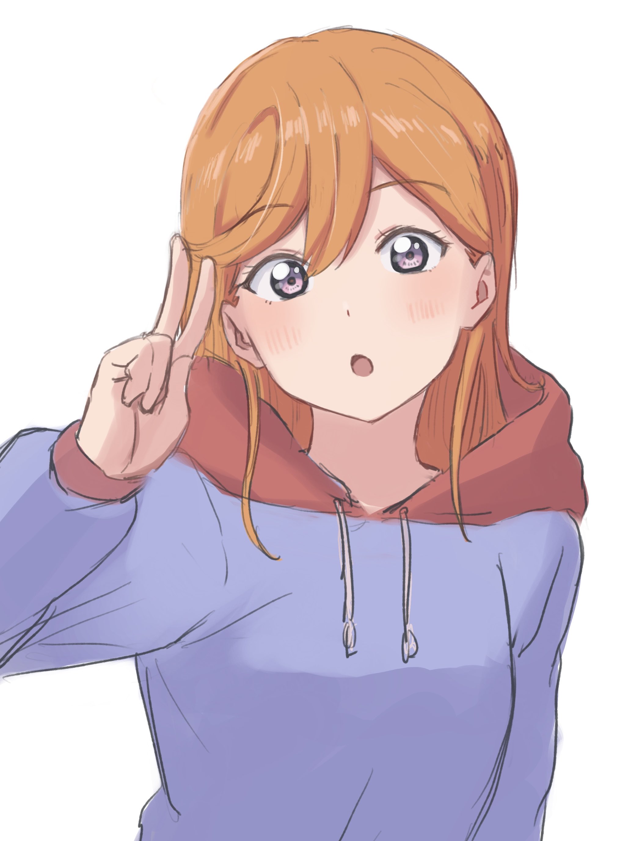 gomadare4869, shibuya kanon, love live!, love live! superstar!!, absurdres, highres, 1girl, :o, blush, hood, hood down, hoodie, looking at viewer, open mouth, orange hair, purple eyes, purple hoodie, red hood, simple background, solo, upper body, v, white background