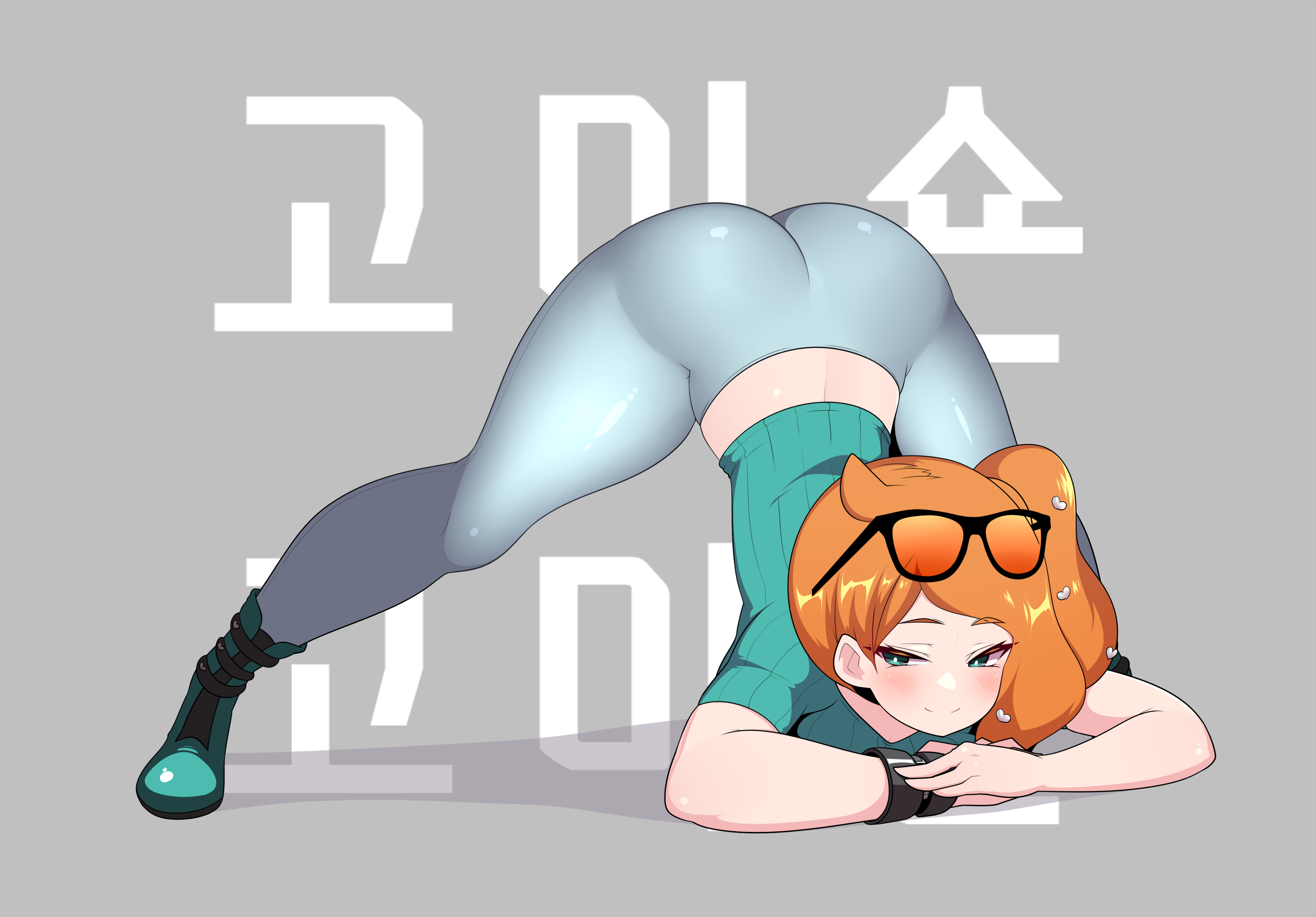 dammit, sonia (pokemon), nintendo, pokemon, pokemon swsh, absurdres, highres, korean commentary, 1girl, aqua boots, aqua eyes, aqua shirt, ass, black-framed eyewear, blush, boots, collarbone, curly sidelocks, denim, eyewear on head, hair ornament, half-closed eyes, heart, heart hair ornament, jack-o' challenge, jeans, korean text, midriff, no coat, orange-tinted eyewear, orange hair, own hands together, pants, ribbed shirt, shirt, short sleeves, side ponytail, side ponytail with hair base, single sidelock, smile, spread legs, sunglasses, swept bangs, tinted eyewear, v-neck, wavy hair