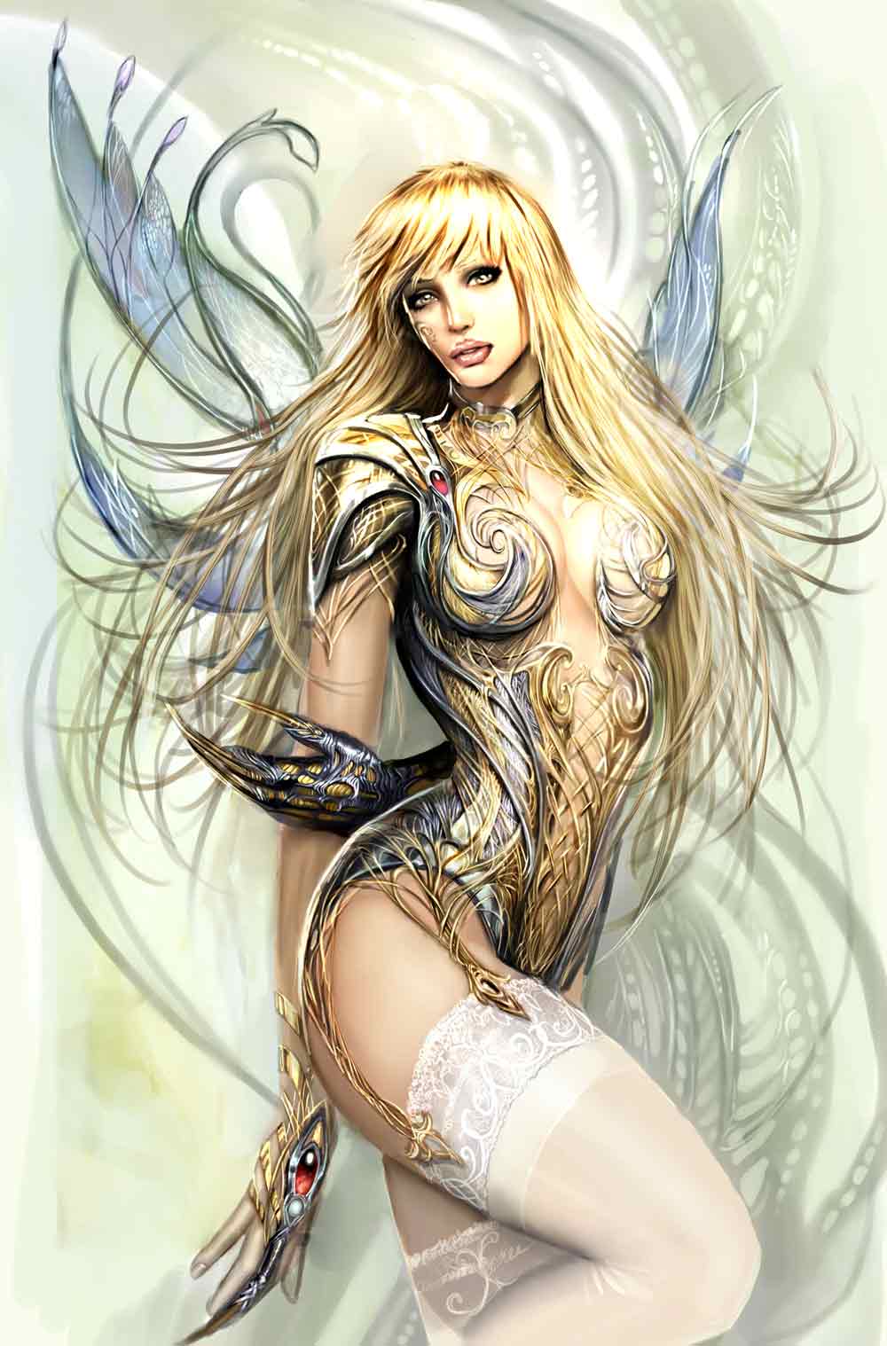 stjepan sejic, danielle baptiste, witchblade, highres, armor, blonde hair, lingerie, underwear
