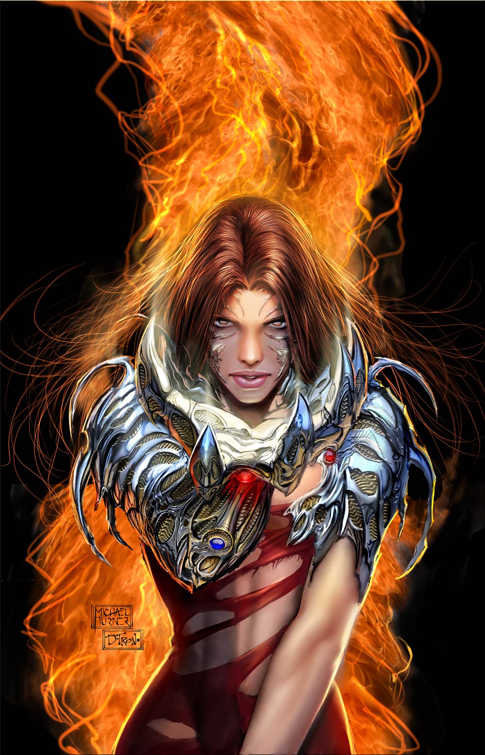 stjepan sejic, sara pezzini, witchblade, highres, tagme, fire, torn clothes