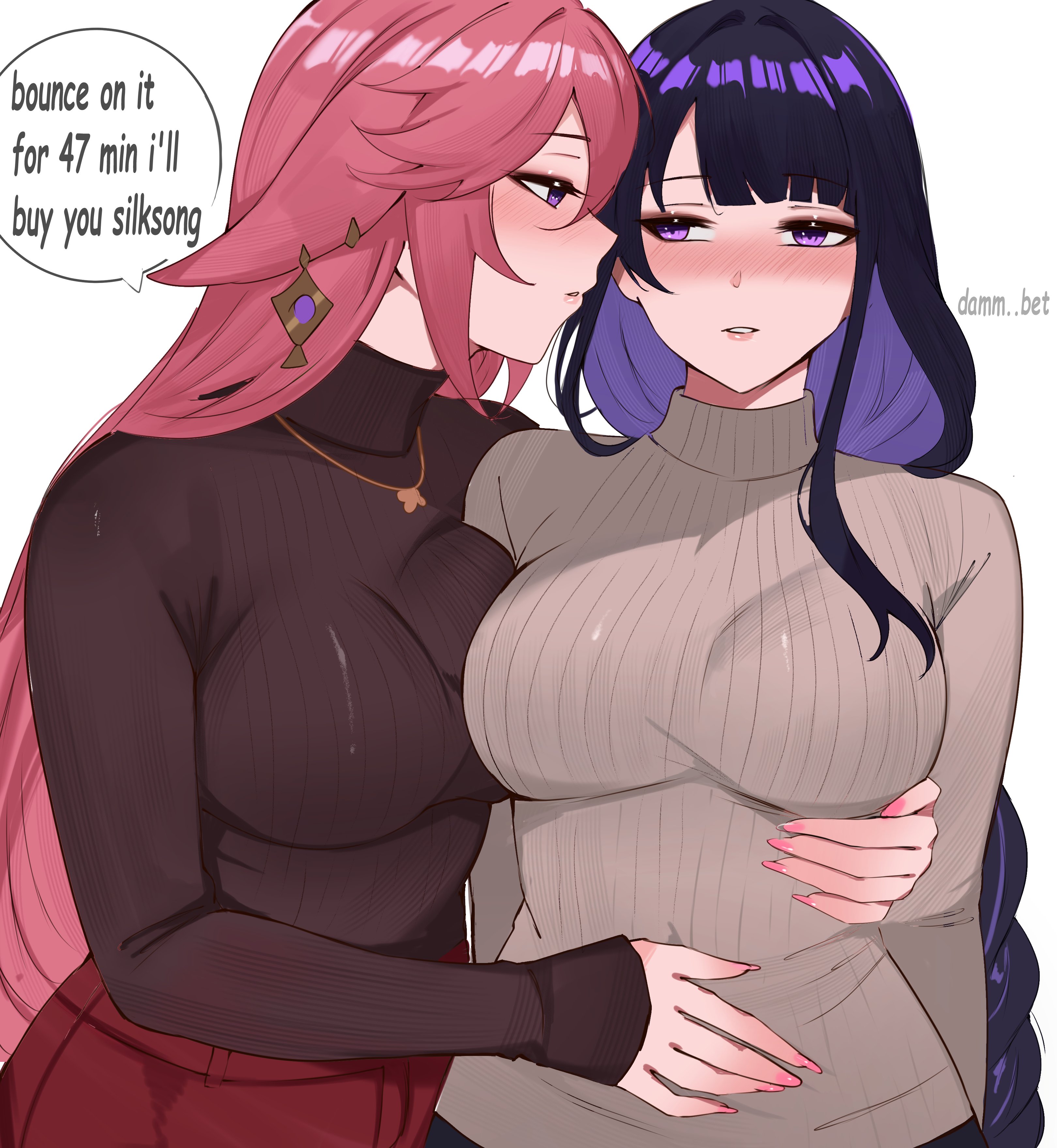 arnkun, raiden shogun, yae miko, genshin impact, absurdres, commentary, english commentary, highres, 2girls, alternate costume, animal ears, blunt bangs, blush, braid, breasts, brown sweater, closed mouth, colored inner hair, covered navel, earrings, english text, fingernails, fox ears, fox girl, gem, gold earrings, grey sweater, hair between eyes, hand around waist, jewelry, large breasts, long fingernails, long hair, long sleeves, looking at another, mole, mole under eye, multicolored hair, multiple girls, nail polish, necklace, pants, pink hair, pink lips, pink nails, purple eyes, purple gemstone, purple hair, red pants, sidelocks, simple background, single braid, speech bubble, standing, sweater, teeth, turtleneck, turtleneck sweater, white background, yuri