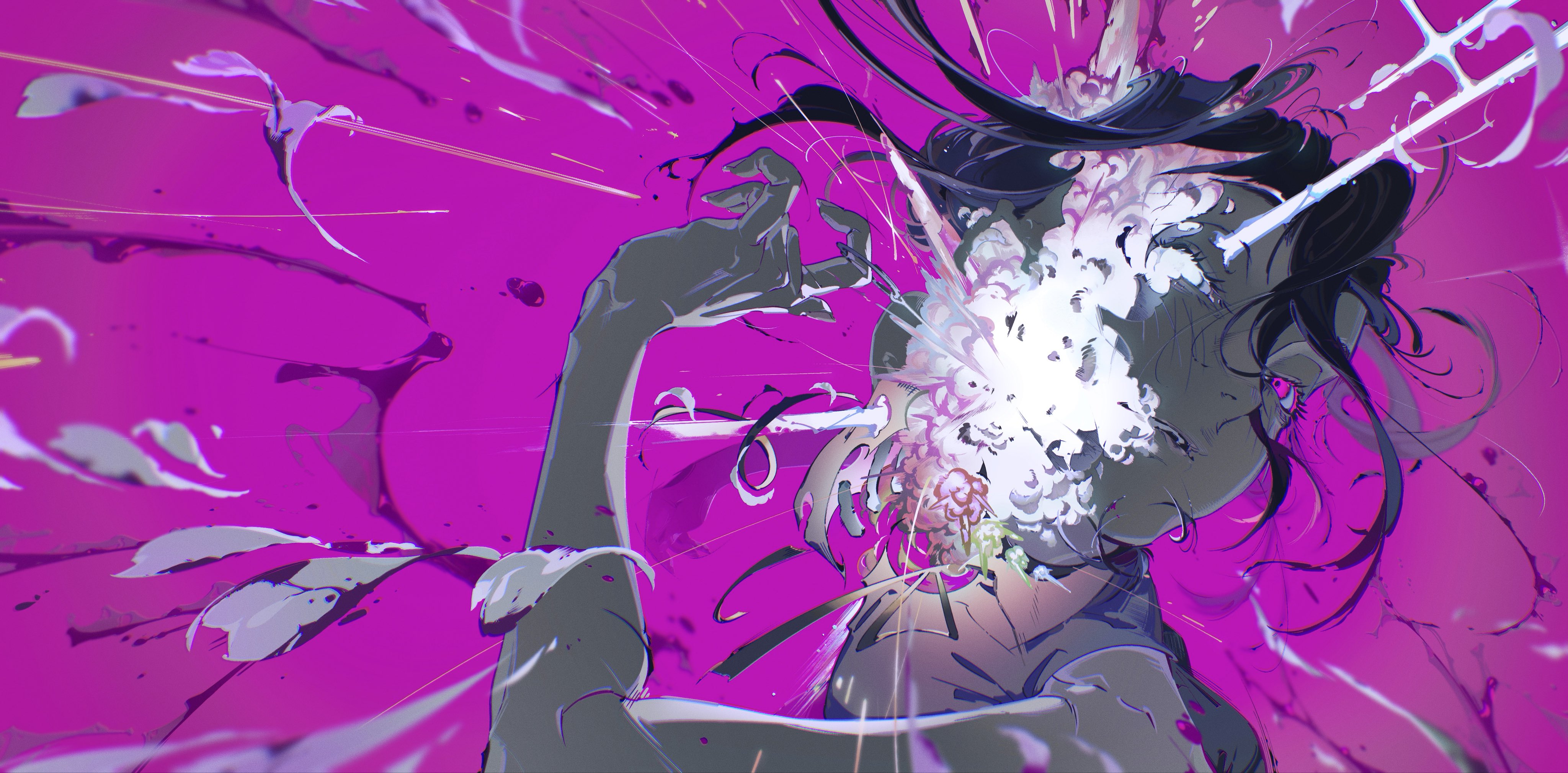 tomoyasu shu, reze (chainsaw man), chainsaw man, absurdres, highres, 1girl, black hair, black ribbon, explosion, grenade pin, grey skirt, pink background, pink eyes, ribbon, shirt, skirt, sleeveless, sleeveless shirt, solo