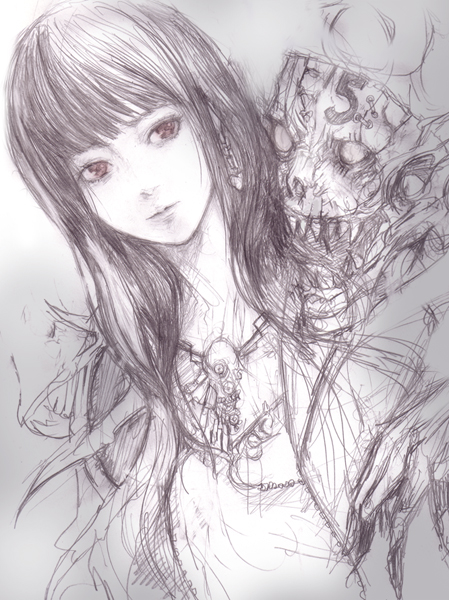 miche, bad id, bad pixiv id, 1girl, black hair, female focus, monochrome, purple theme, sketch, skull, solo