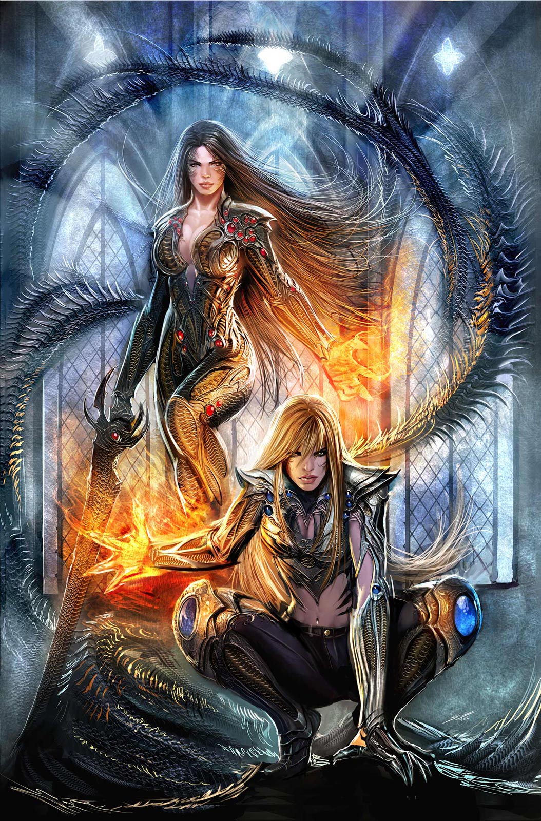 stjepan sejic, danielle baptiste, sara pezzini, witchblade, highres, armor, church, fire, sword, tentacles, weapon