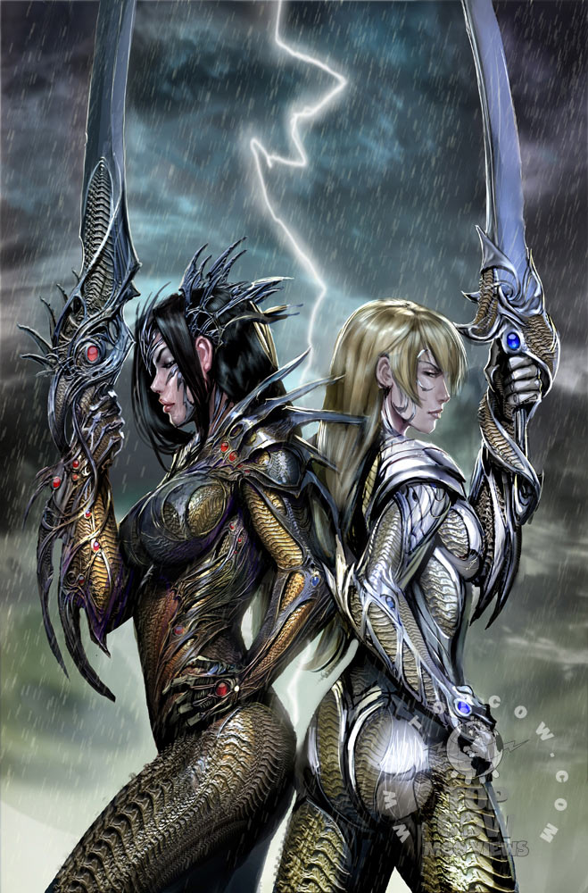 stjepan sejic, danielle baptiste, sara pezzini, witchblade, 00s, armor, lightning, rain, sword, weapon