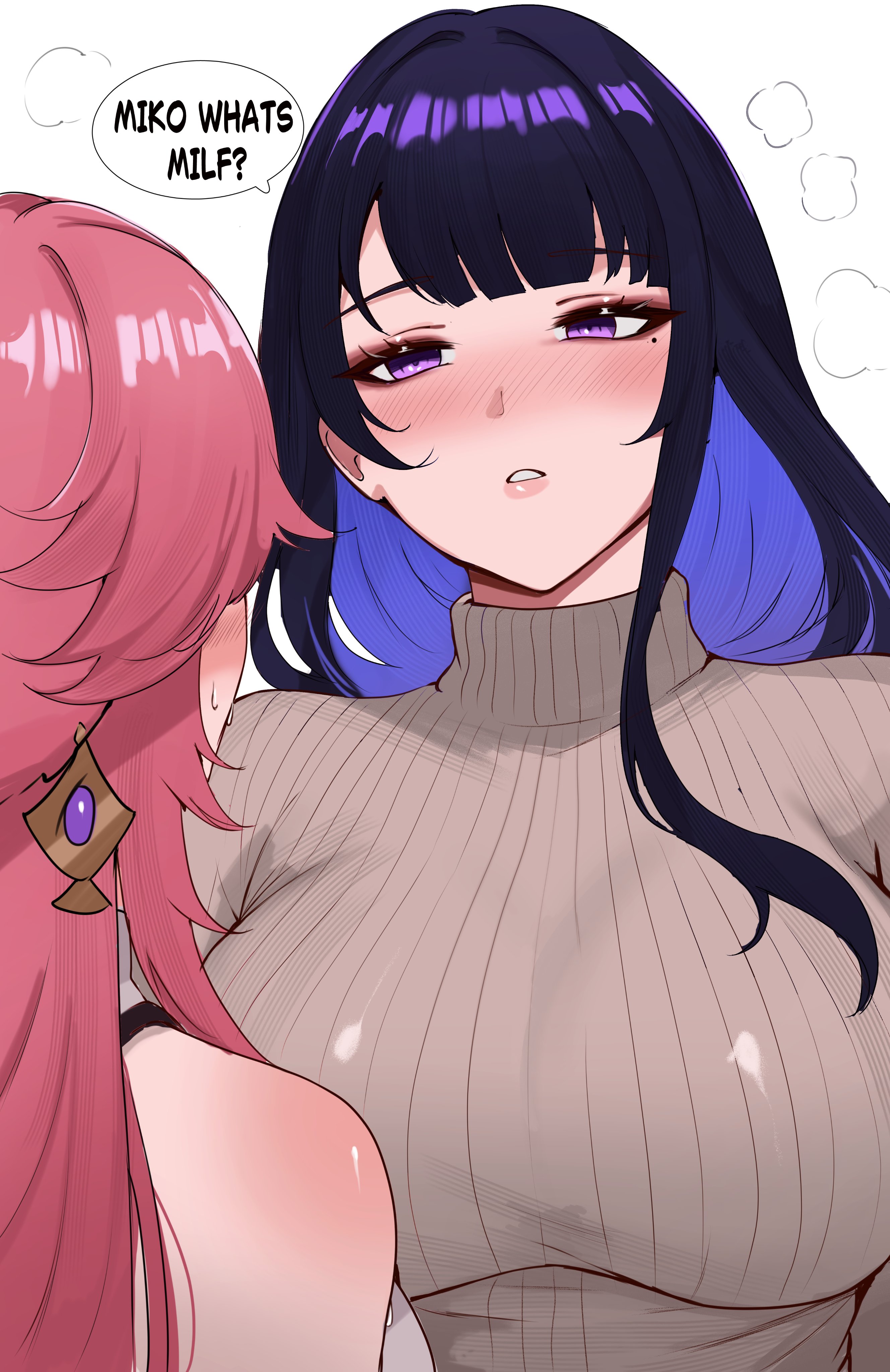 arnkun, raiden shogun, yae miko, genshin impact, absurdres, commentary, english commentary, highres, 2girls, alternate costume, animal ears, bare shoulders, blue hair, breasts, colored inner hair, earrings, english text, eyeshadow, fox ears, fox girl, gem, gold earrings, grey sweater, half-closed eyes, jewelry, large breasts, long hair, long sleeves, looking at another, makeup, mole, mole under eye, multicolored hair, multiple girls, nervous, pink hair, pink lips, purple eyes, purple gemstone, purple hair, red eyeshadow, shirt, simple background, single sidelock, sleeveless, sleeveless shirt, speech bubble, sweat, sweater, teeth, turtleneck, turtleneck shirt, turtleneck sweater, upper body, white background, white shirt