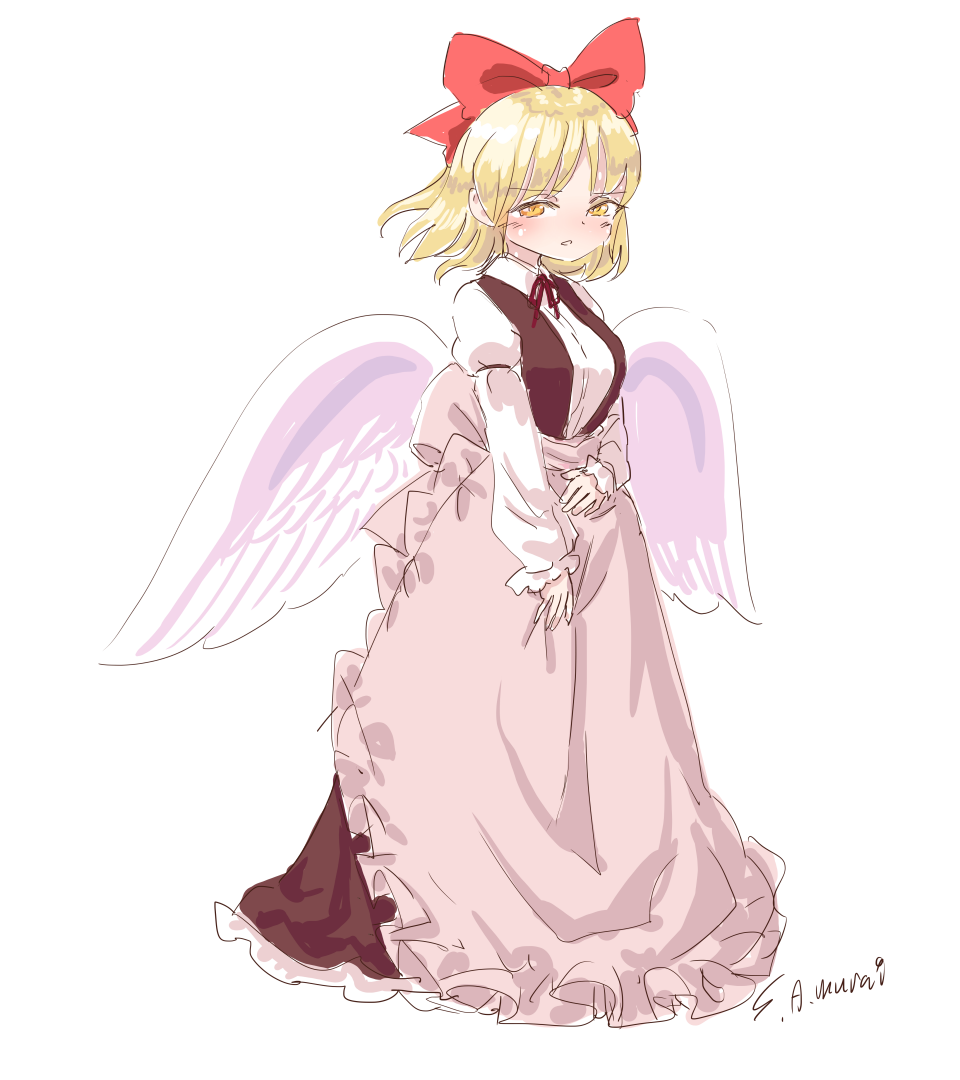 s-a-murai, gengetsu (touhou), touhou, touhou (pc-98), 1girl, alternate costume, apron, artist name, blonde hair, blush, bow, breasts, brown vest, dark skin, enmaided, feathered wings, frilled sleeves, frills, grey apron, hair bow, long skirt, long sleeves, looking at viewer, maid, medium breasts, neck ribbon, puffy long sleeves, puffy sleeves, red bow, red ribbon, ribbon, shirt, short hair, simple background, sketch, skirt, solo, vest, waist apron, white background, white shirt, white wings, wings, yellow eyes
