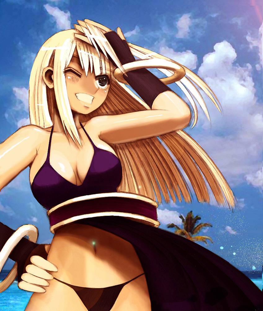 b. jenet, fatal fury, garou: mark of the wolves, snk, the king of fighters, 1girl, adjusting hair, beach, belt, bikini, black eyes, black panties, blonde hair, blush, bracelet, breasts, cape, cleavage, cloud, day, dress, female focus, fingerless gloves, gloves, hand on own hip, hip focus, jewelry, large breasts, long hair, navel, palm tree, panties, sky, smile, solo, swimsuit, tree, underwear, water