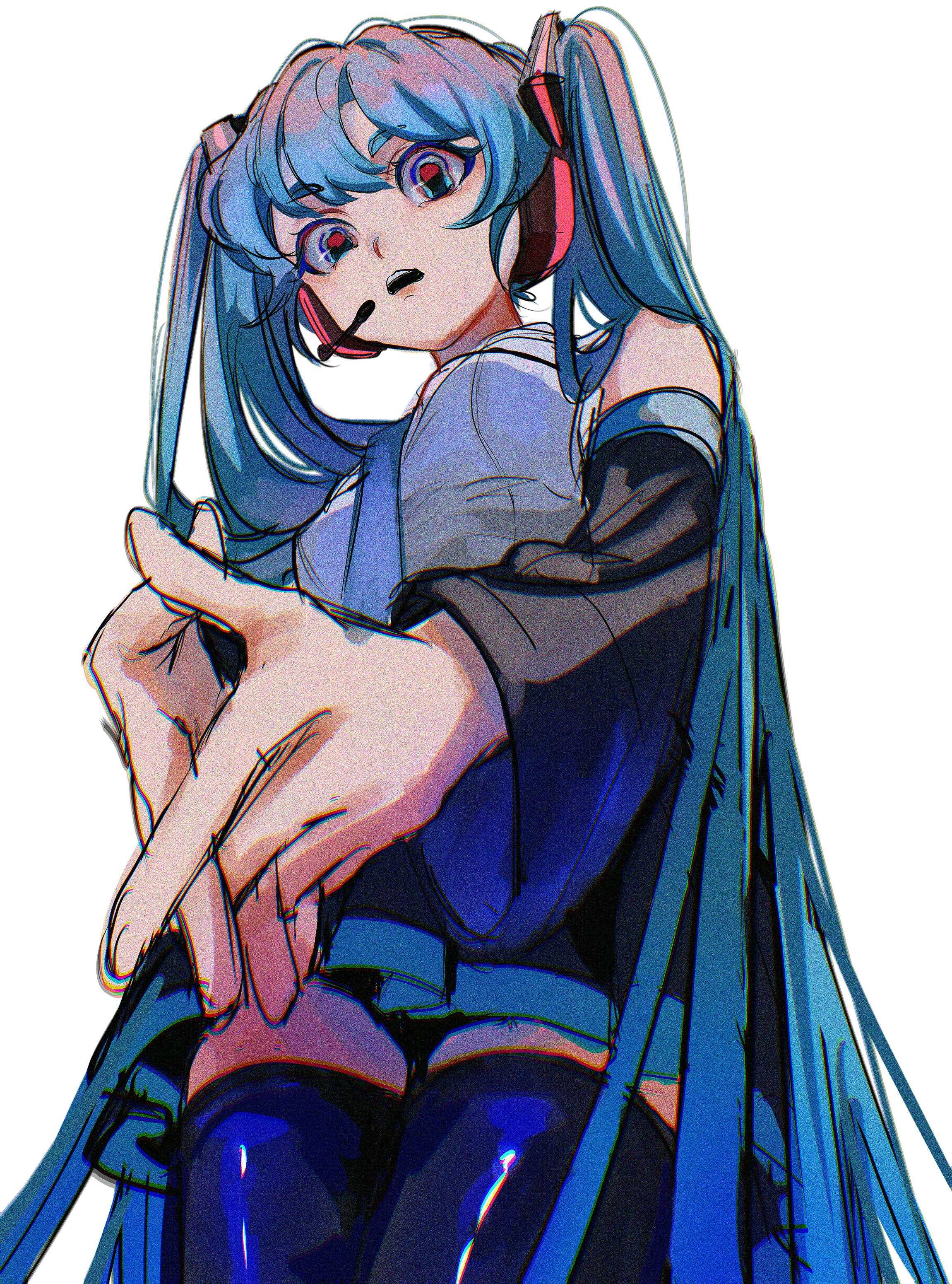 uji kintoki-kun, hatsune miku, vocaloid, absurdres, commentary request, highres, 1girl, aqua hair, aqua necktie, aqua trim, bare shoulders, black boots, black skirt, boots, breasts, chromatic aberration, detached sleeves, film grain, from below, grey shirt, hair ornament, headset, interlocked fingers, long hair, looking at viewer, necktie, shirt, simple background, sketch, skirt, sleeveless, sleeveless shirt, small breasts, solo, thigh boots, twintails, very long hair, white background