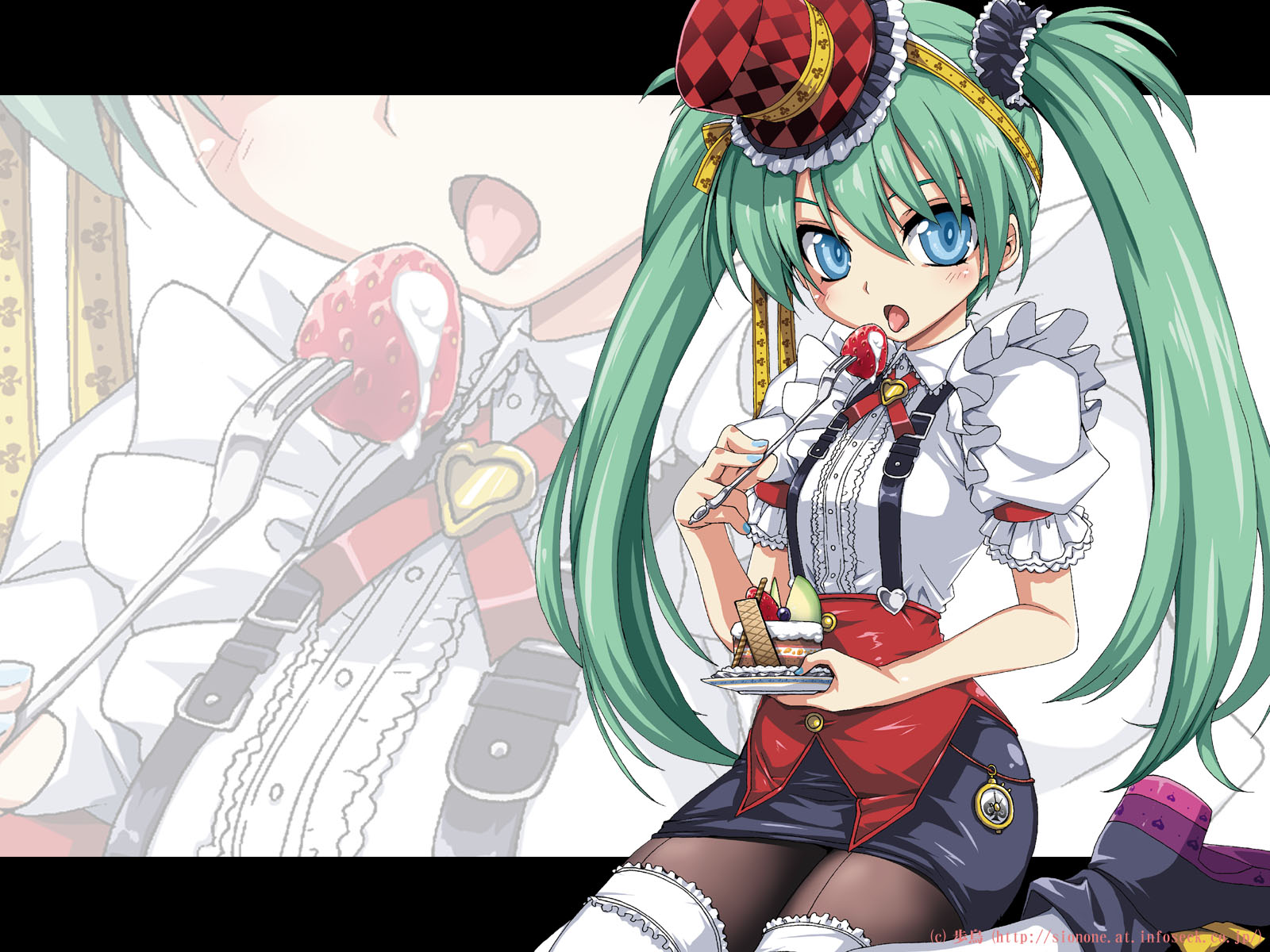 hotori (sion), hatsune miku, vocaloid, bad id, bad pixiv id, highres, 1girl, blue eyes, cake, cream, eating, female focus, food, fork, frills, fruit, gathers, green hair, hat, kneeling, long hair, pantyhose, plate, puffy sleeves, shoes, skirt, solo, strawberry, thighhighs, top hat, twintails, waitress, white thighhighs, zoom layer