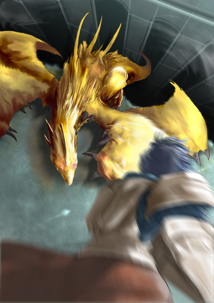 pupps, pixiv fantasia, pixiv fantasia 1, 1boy, blue hair, dragon, gold dragon, male focus, motion blur, red eyes, short hair, solo, wings