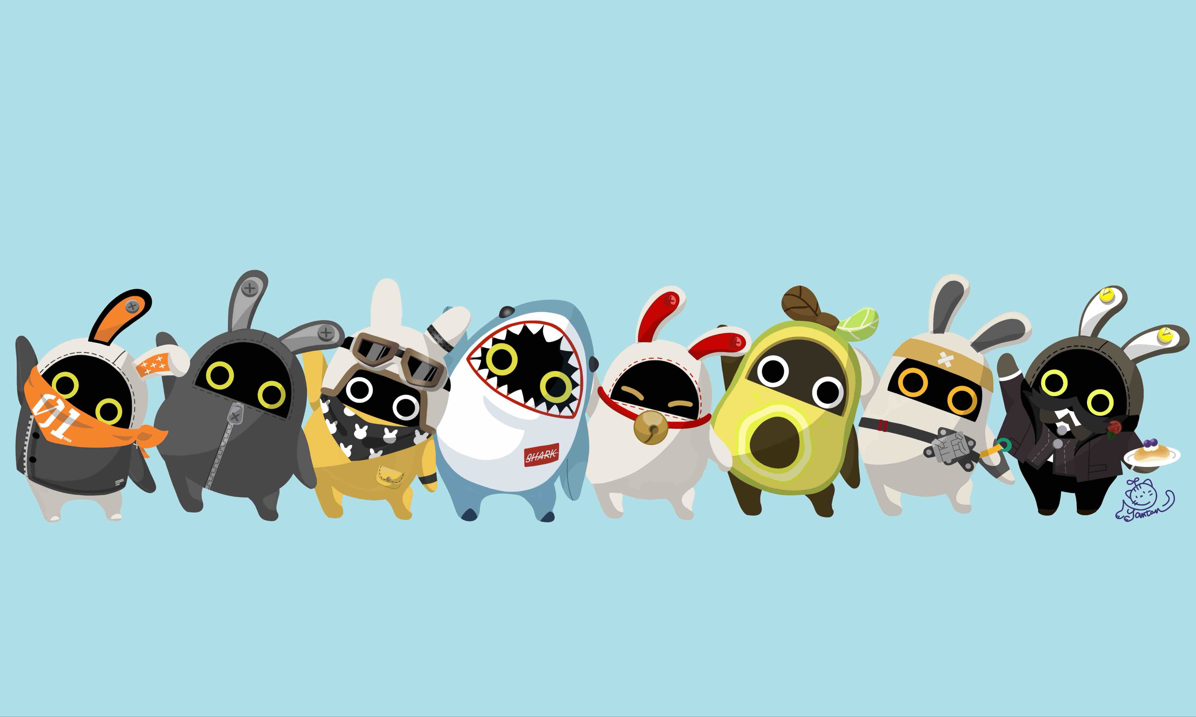 asaba harumasa, asaboo (zenless zone zero), avocaboo (zenless zone zero), bangboo (zenless zone zero), butler (zenless zone zero), eous (zenless zone zero), luckyboo (zenless zone zero), rocketboo (zenless zone zero), sharkboo (zenless zone zero), zenless zone zero, absurdres, commentary request, highres, 6+others, animal costume, artist name, avocado, bandana, bandana around neck, bell, black bandana, black suit, blue background, boutonniere, closed eyes, facial hair, food, formal clothes, goggles, goggles on head, headband, holding, holding plate, looking at viewer, multiple others, mustache, neck bell, no humans, nyantan 3, orange bandana, pancake, plate, shark costume, sharp teeth, suit, teeth, waving, yellow headband, zipper, zipper pull tab