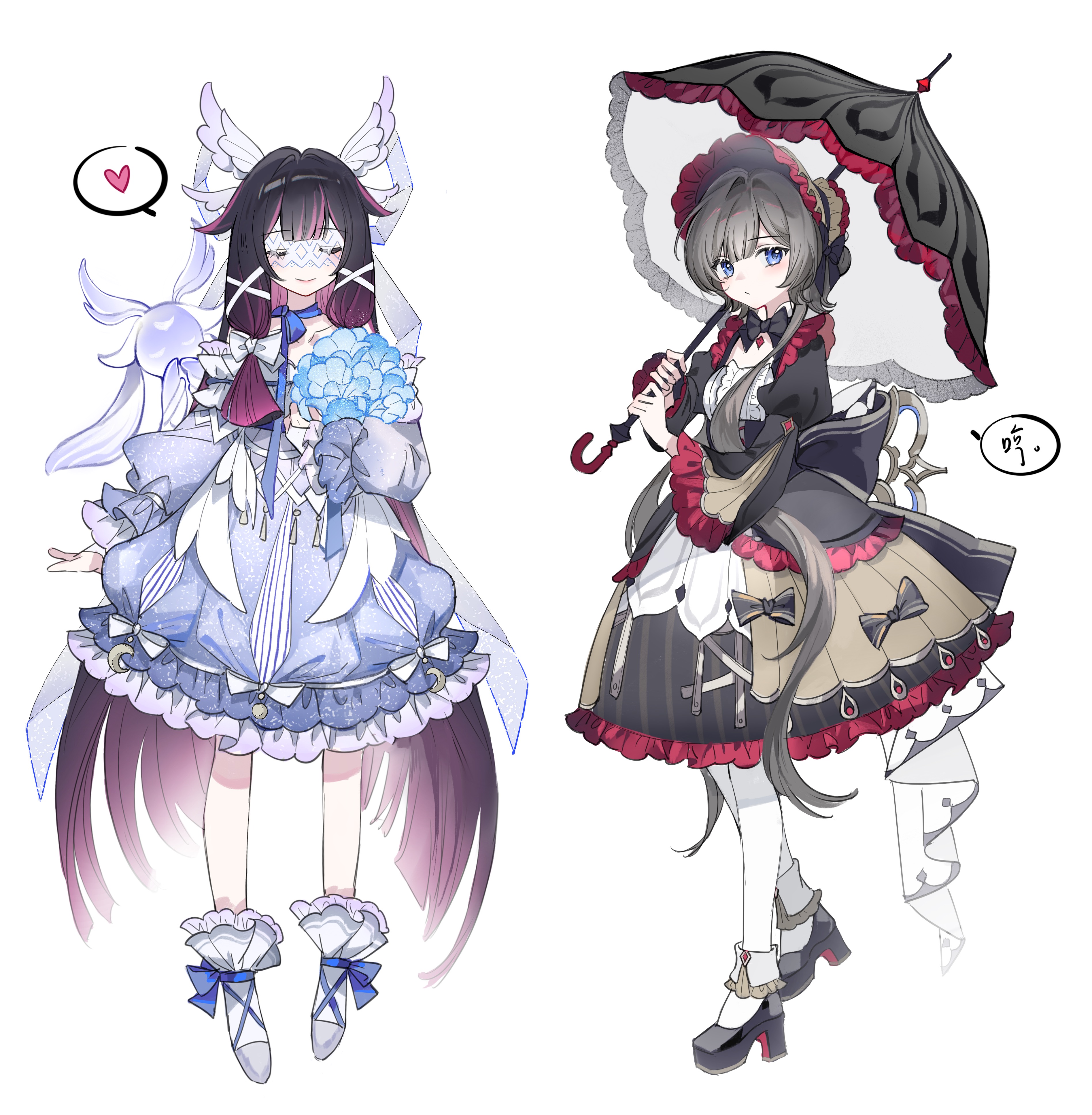 goh3143704, columbina (genshin impact), sandrone (genshin impact), genshin impact, absurdres, highres, 2girls, alternate costume, black dress, black hair, blue bow, blue dress, blue eyes, blush, bouquet, bow, brown hair, closed eyes, closed mouth, dress, dress bow, eye mask, flower, frilled dress, frilled sleeves, frilled socks, frills, full body, hair ornament, head wings, heart, high heels, holding, holding bouquet, holding umbrella, juliet sleeves, lolita fashion, long hair, long sleeves, looking at viewer, luonnotar (genshin impact), mask, multicolored hair, multiple girls, pantyhose, pink hair, puffy sleeves, purple hair, simple background, smile, socks, speech bubble, spoken heart, standing, streaked hair, umbrella, very long hair, white background, white bow, white pantyhose, white socks, winding key, wing hair ornament, wings